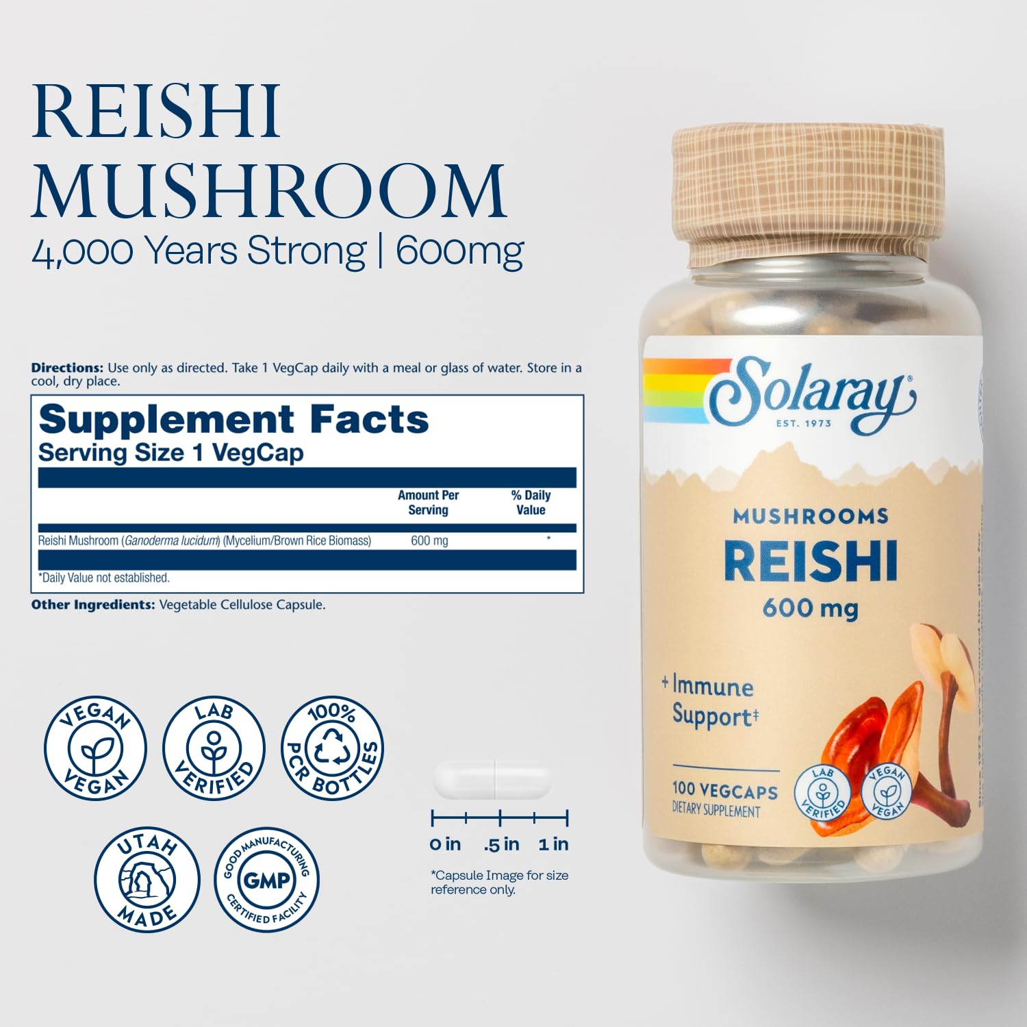 SOLARAY Reishi: étiquette et emballage respectueux de l'environnement.