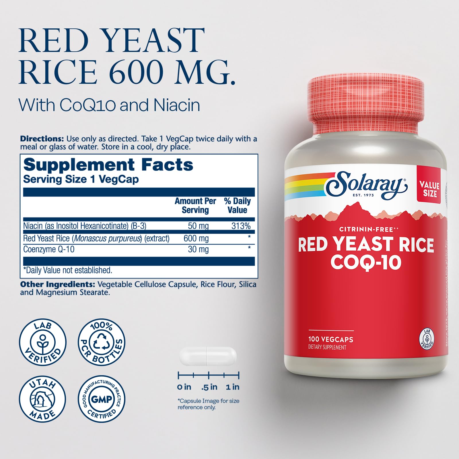 SOLARAY riz levure rouge CoQ10 boîte: informations claires sur les nutriments