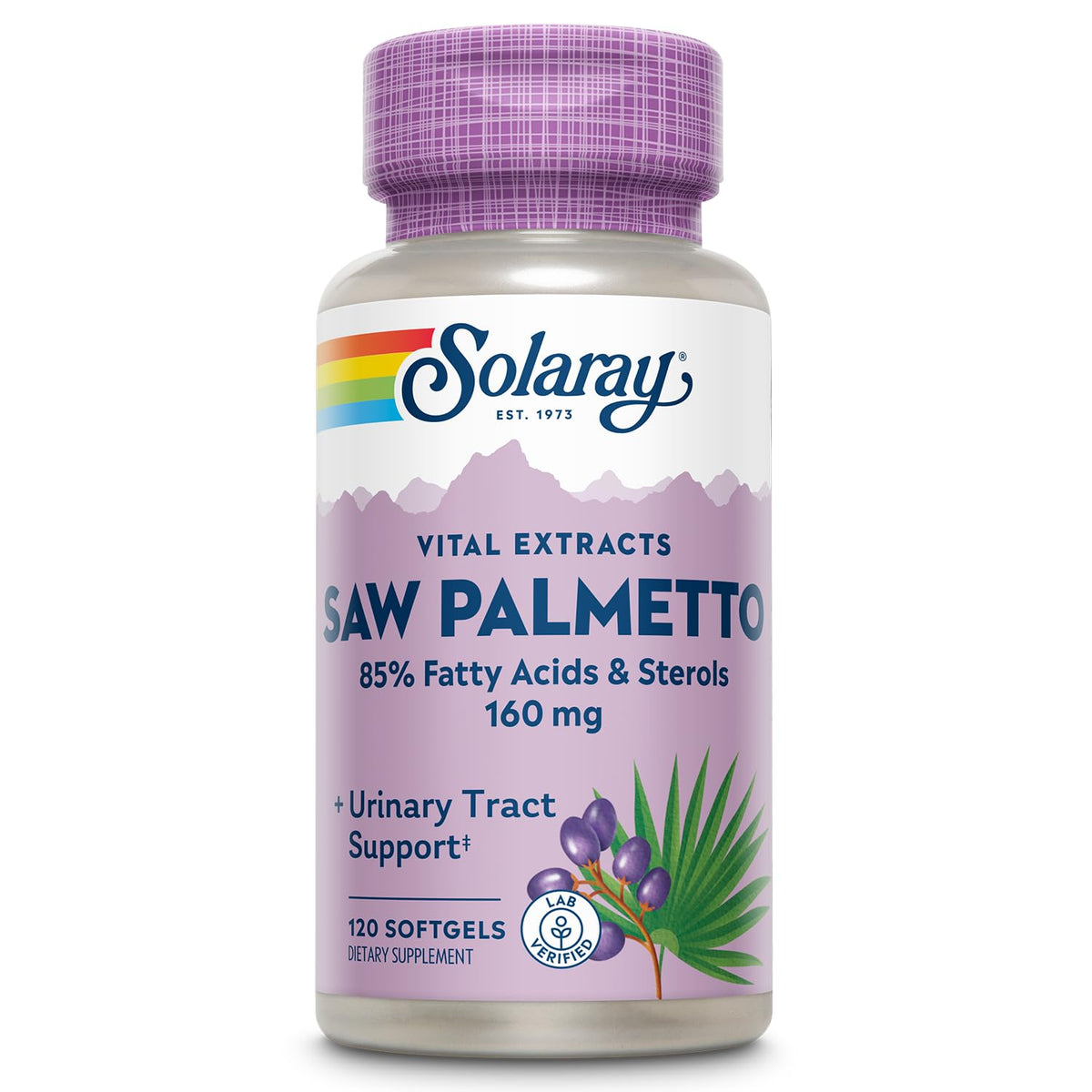 SOLARAY Saw Palmetto: bouteille affichant la formule prête pour usage quotidien