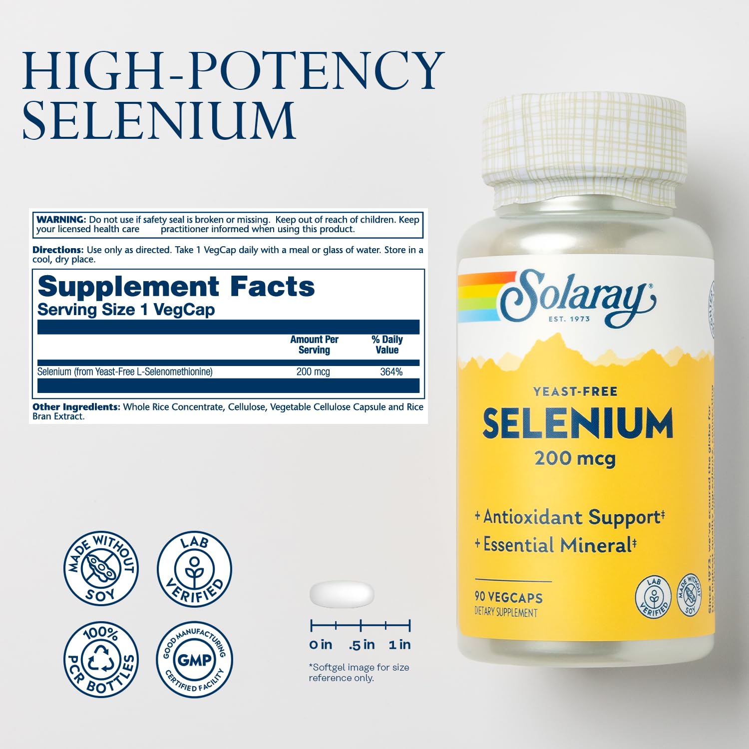SOLARAY Sélénium sans levure capsules faciles à avaler pour un apport quotidien.