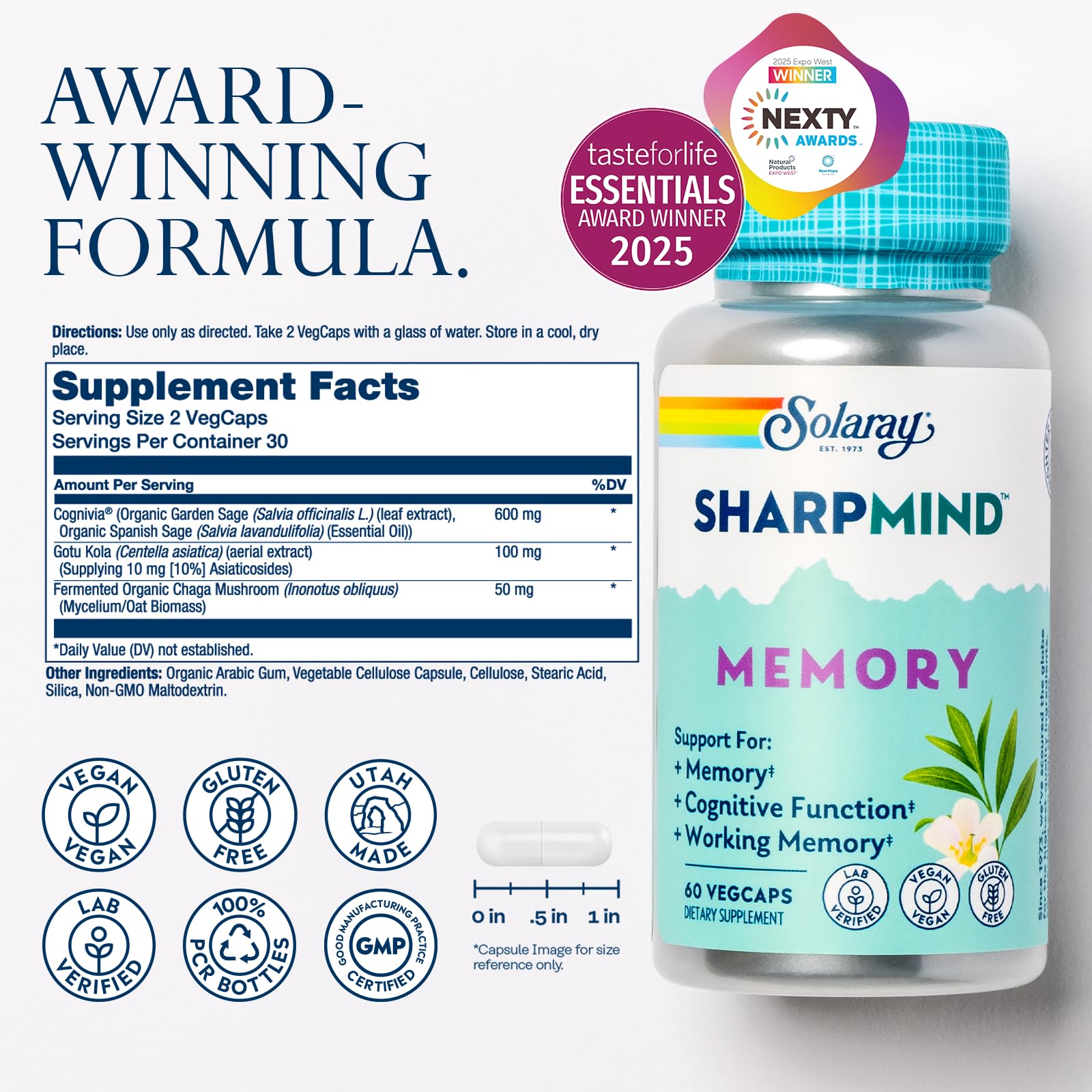 SOLARAY SharpMind capsules mémoire et concentration, soutiennent la clarté mentale au travail.