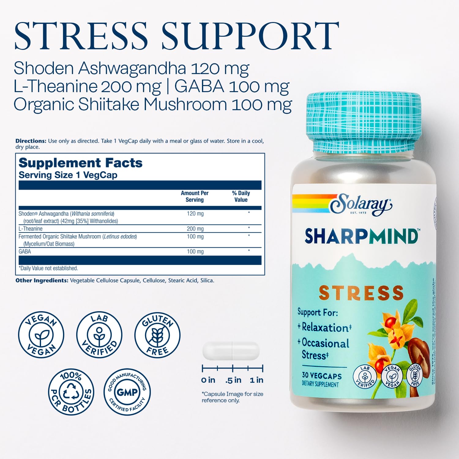 SOLARAY SharpMind – capsules L-théanine et GABA, calme temporaire et concentration.
