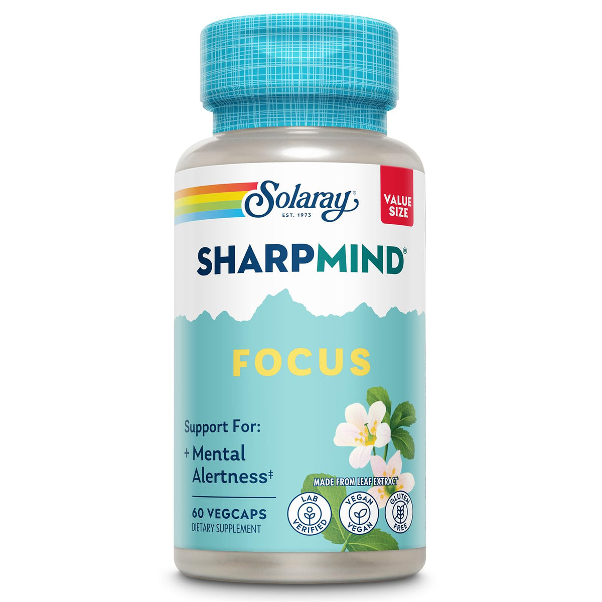 SOLARAY SharpMind Focus sur la bouteille, soutien potentiel à la concentration.