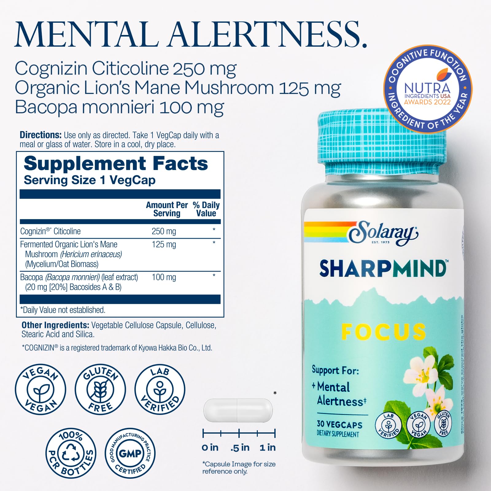 SOLARAY SharpMind Focus – Capsules végétariennes pour une routine matinale facile.