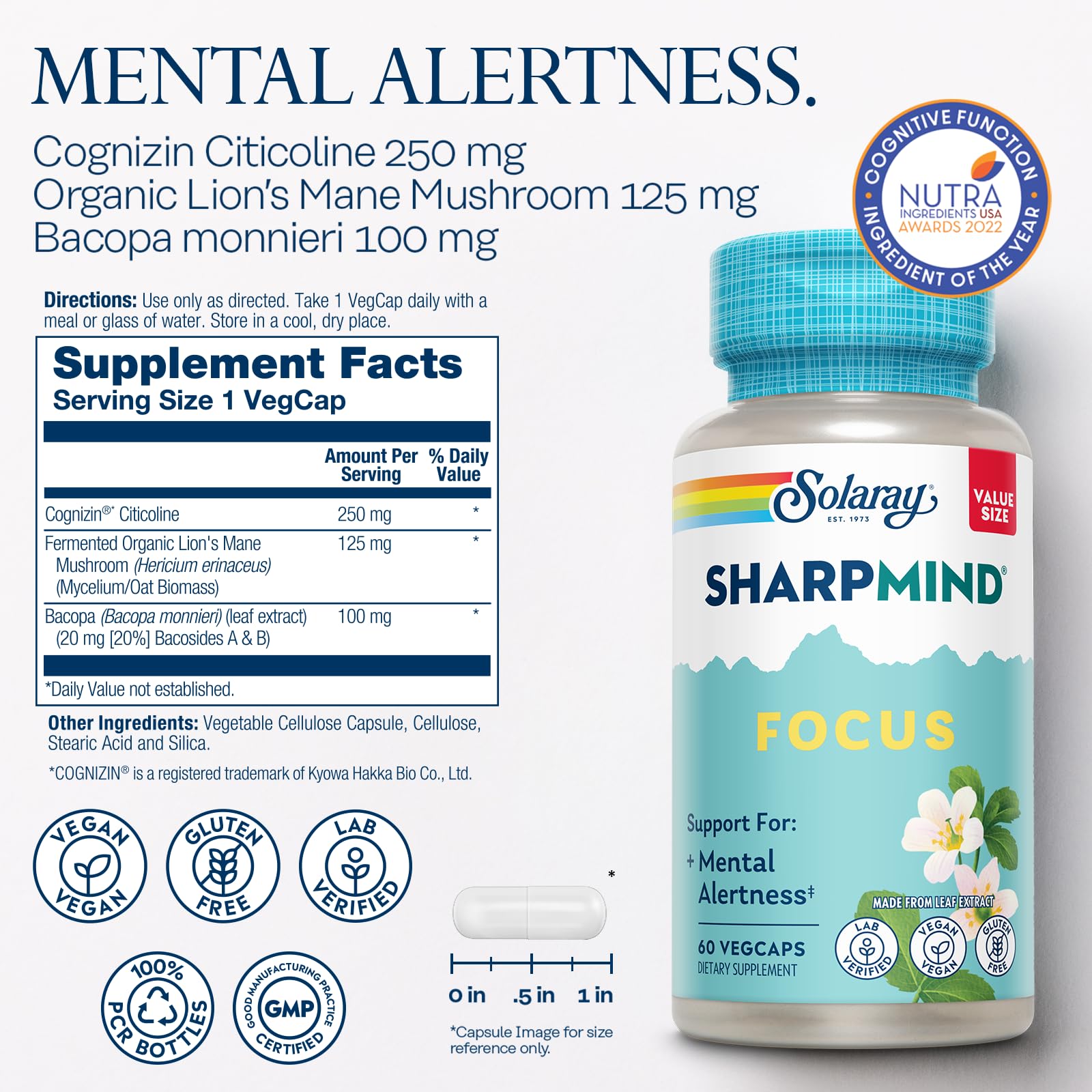 Emballage recyclable SOLARAY SharpMind Focus, sans caféine.