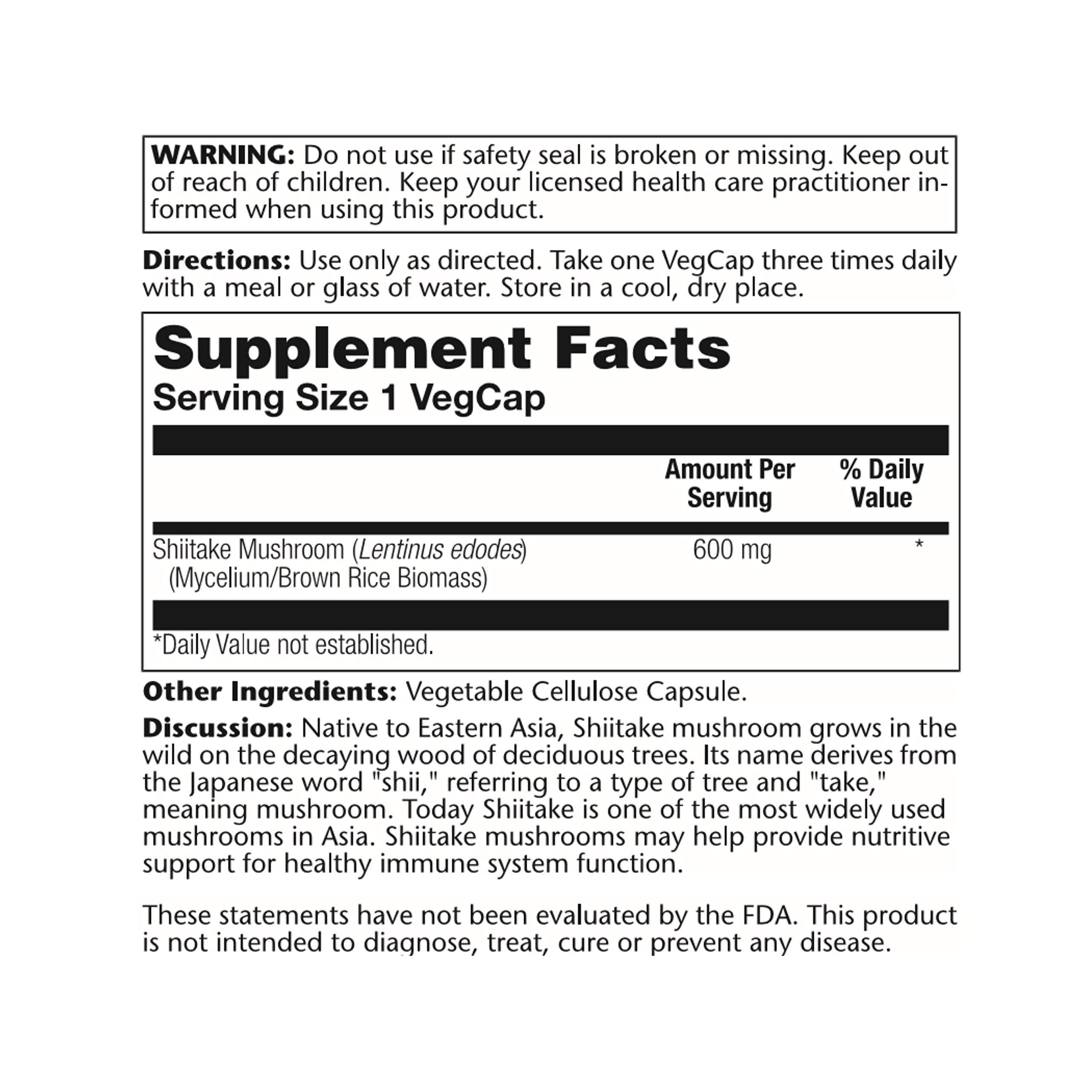 SOLARAY Shiitake 600 mg: Étiquette claire et traçabilité simple.