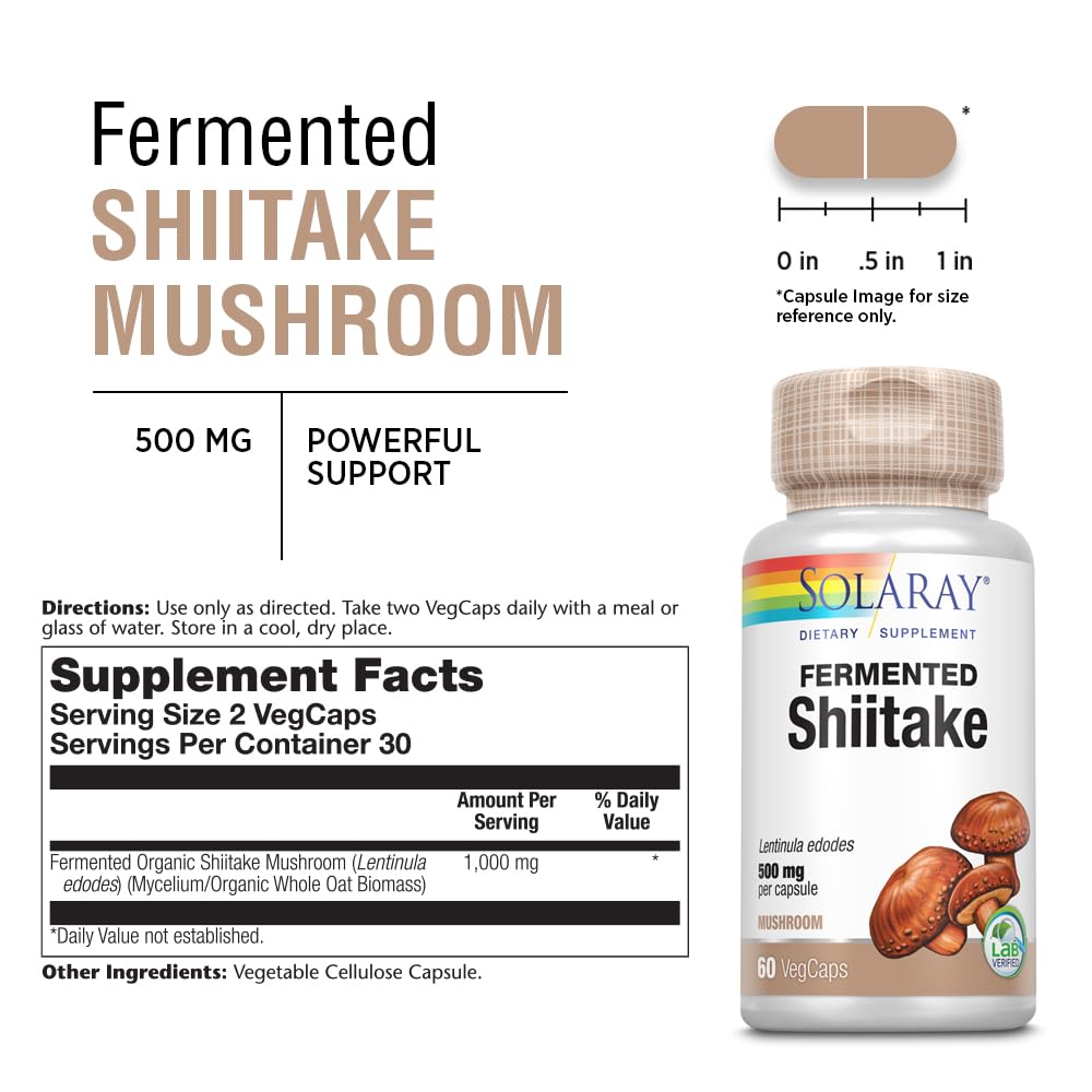 SOLARAY shiitake fermenté: emballage affichant Non-OGM et végane.