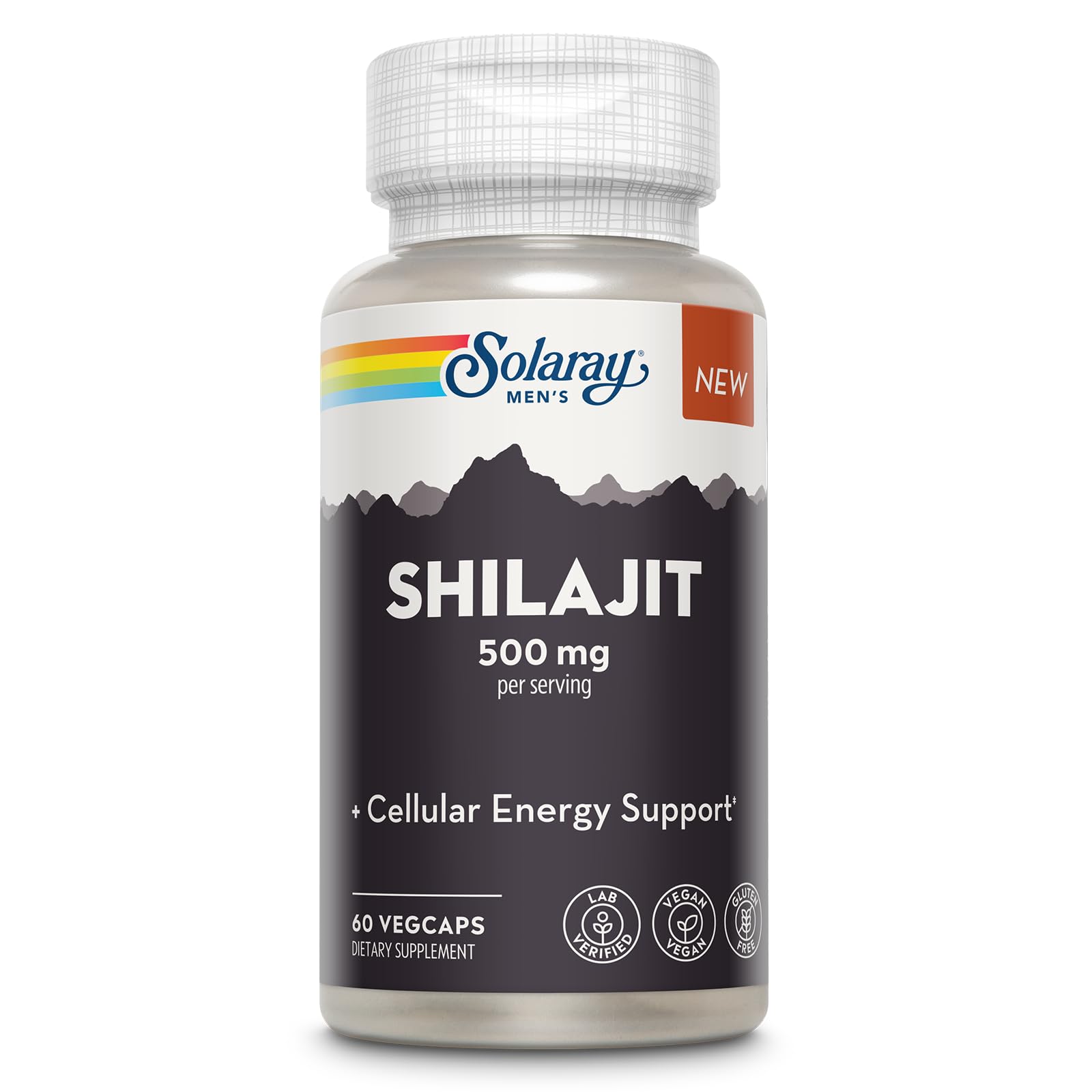 SOLARAY Shilajit: bouteille recto, énergie potentielle et clarté mentale.