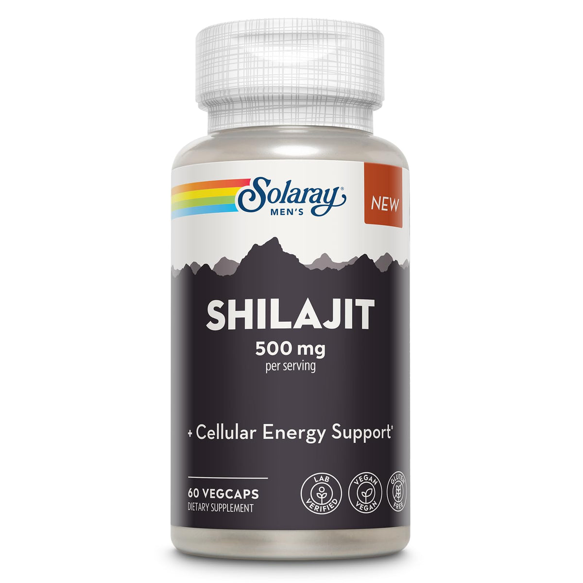 SOLARAY Shilajit: bouteille recto, énergie potentielle et clarté mentale.