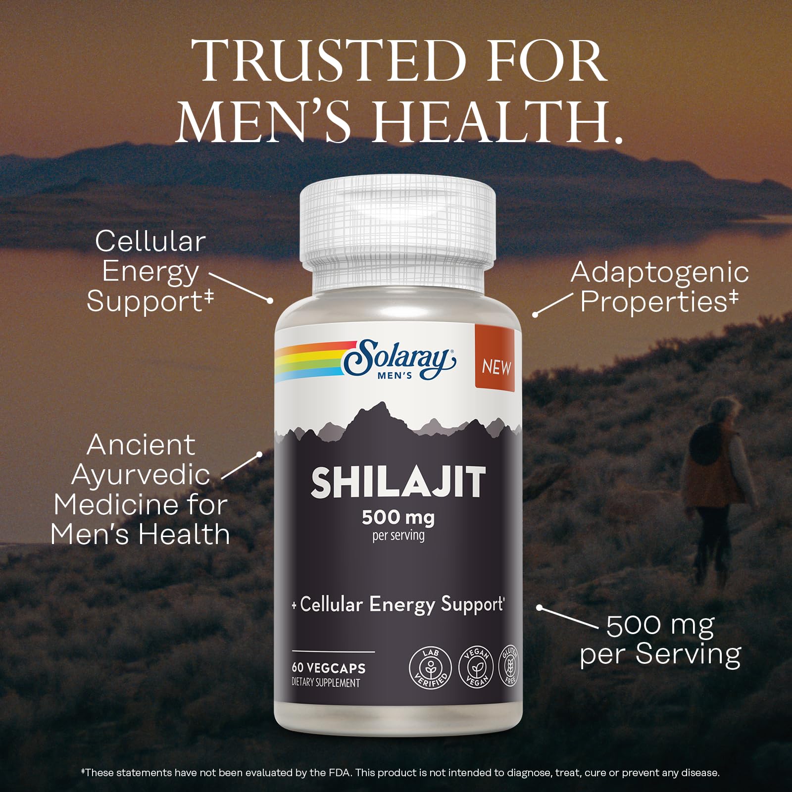SOLARAY Shilajit origine Himalaya: ingrédients naturels et traçabilité.