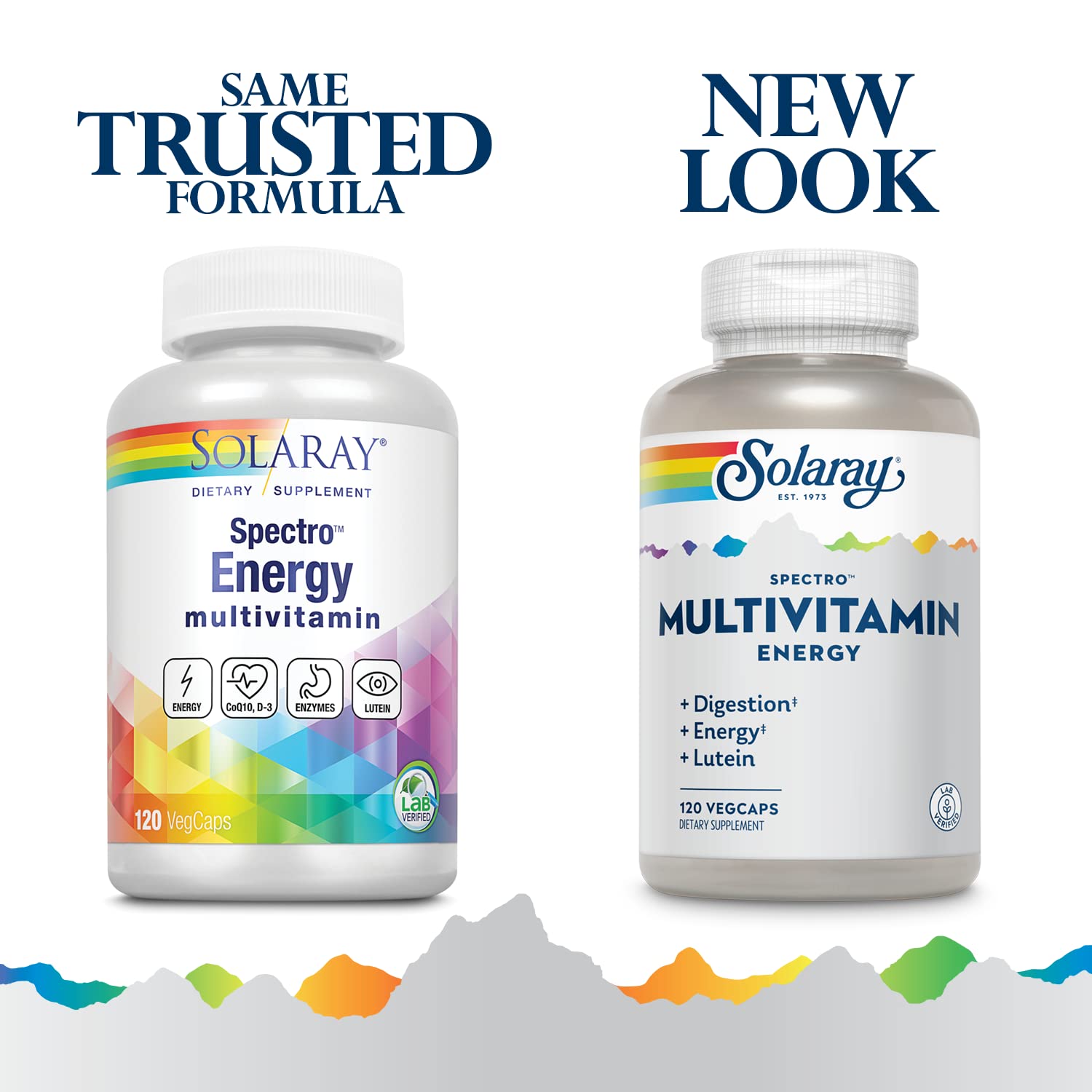 SOLARAY Spectro Énergie multivitamine — étiquette claire présentant les ingrédients clés et objectifs.
