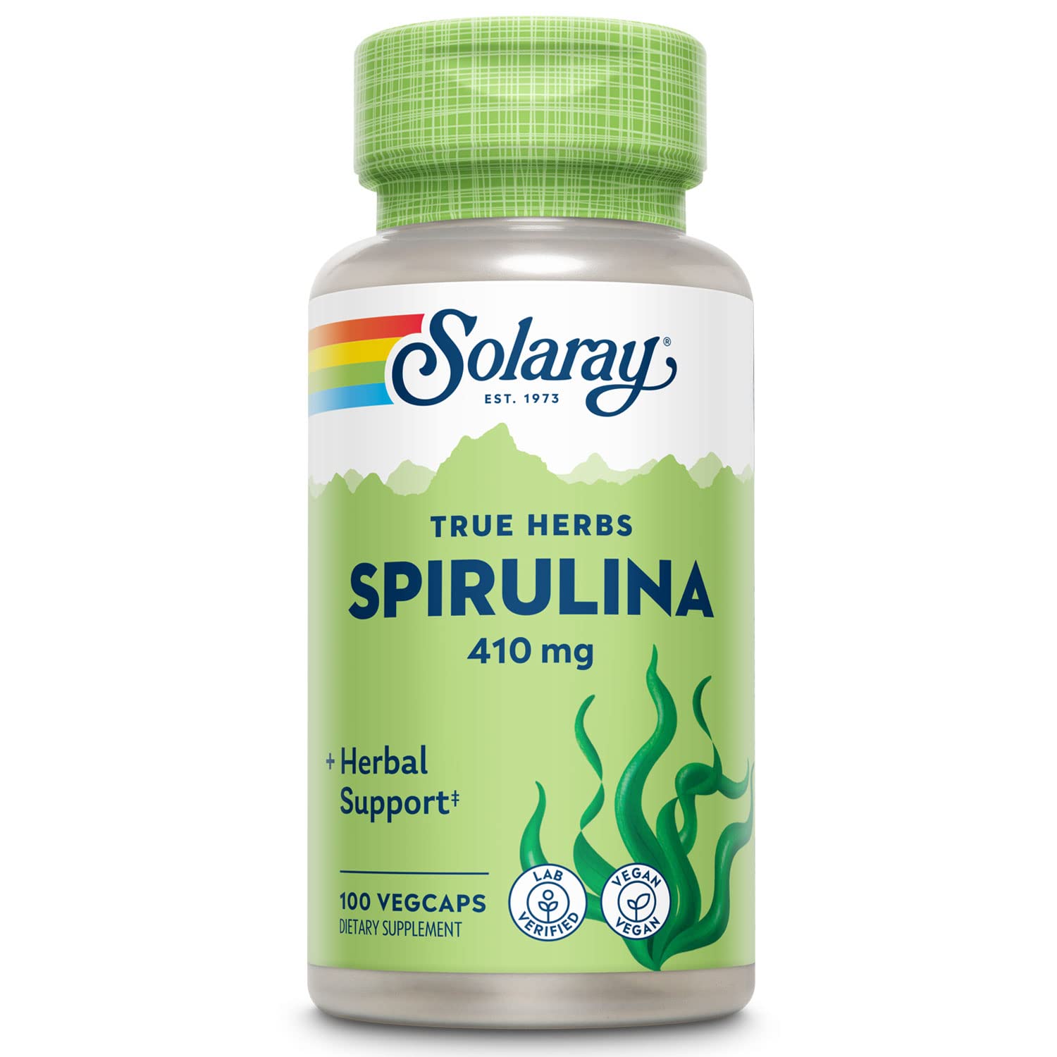SOLARAY Spiruline 410mg – bouteille montrant le complément pour un soutien d'énergie potentiel.