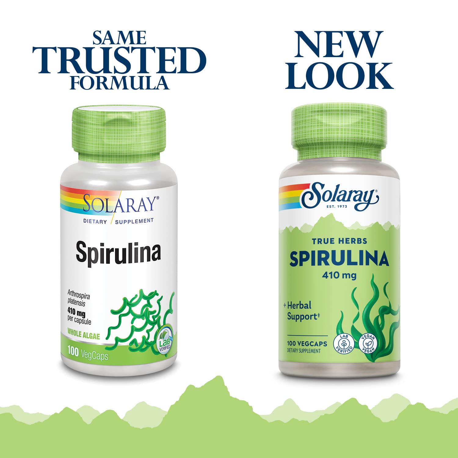 SOLARAY Spirulina – capsules vertes indiquant une source vegan et riche en nutriments.