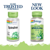 SOLARAY Spirulina – capsules vertes indiquant une source vegan et riche en nutriments.