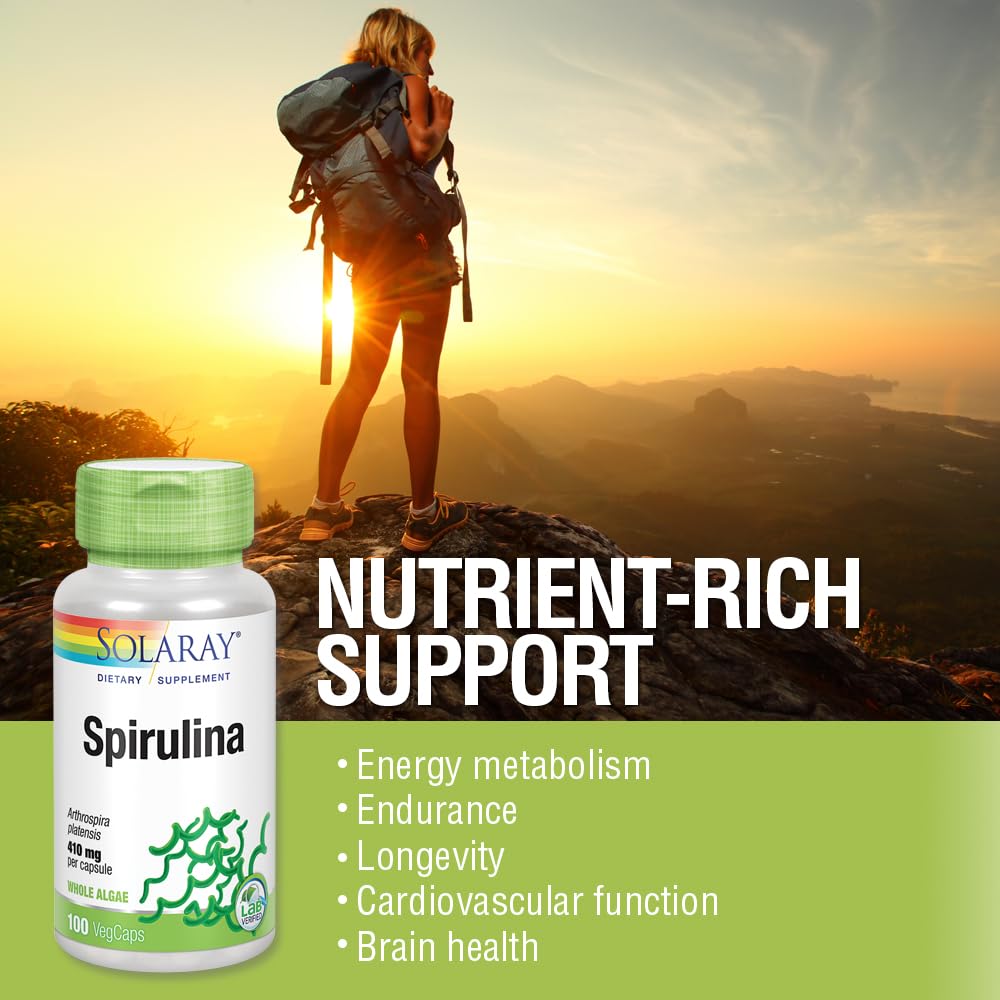 SOLARAY Spirulina – panneau nutritionnel illustrant les acides gras et vitamines bénéfiques.