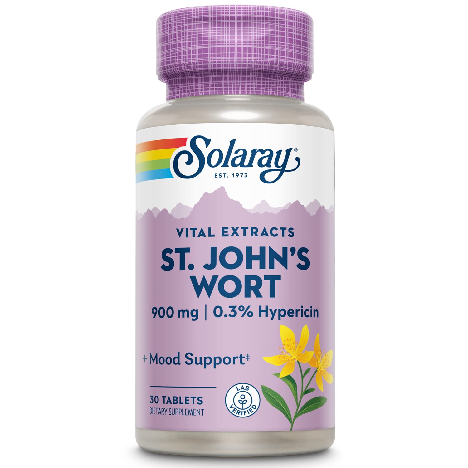 SOLARAY St John's Wort 900 mg – bouteille montrant le complément pour l'humeur au quotidien.