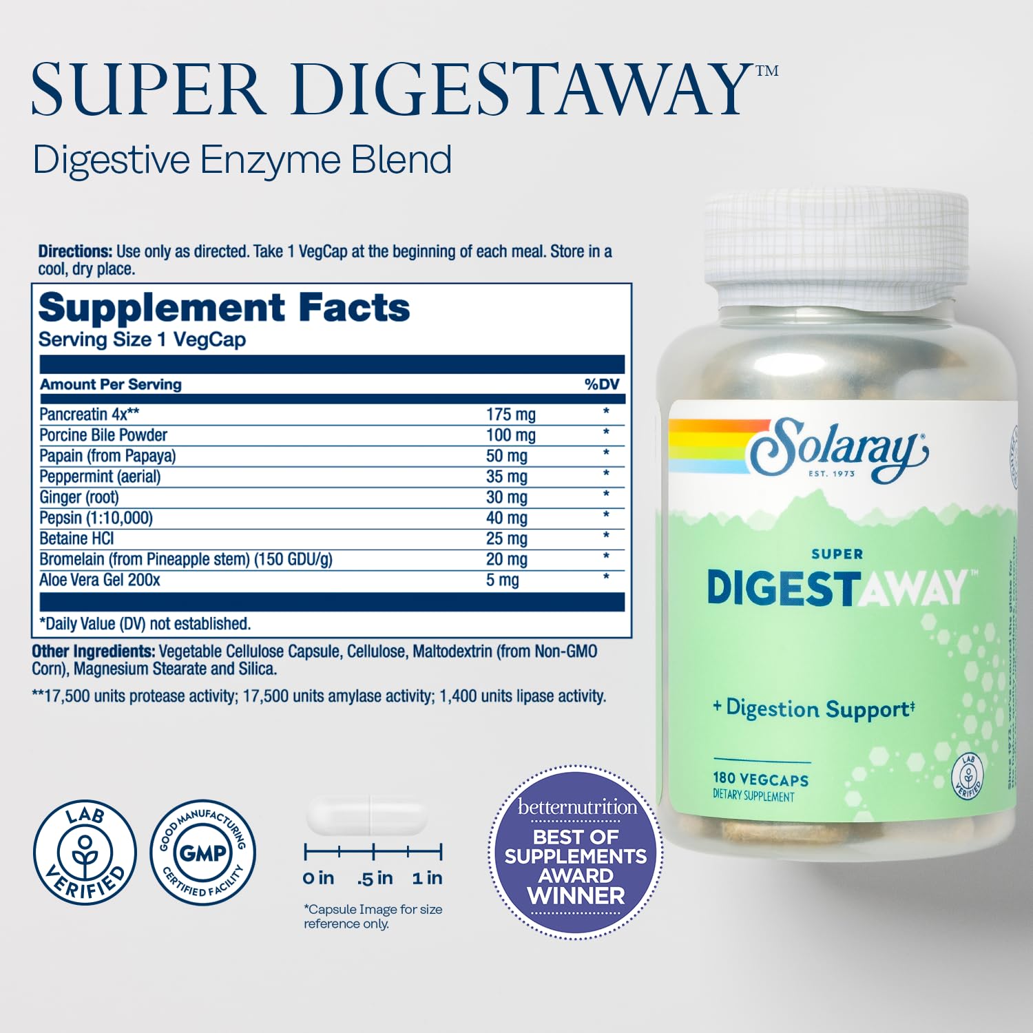 SOLARAY Super Digestaway – Gélules digestives visibles prêtes à l’emploi après repas.
