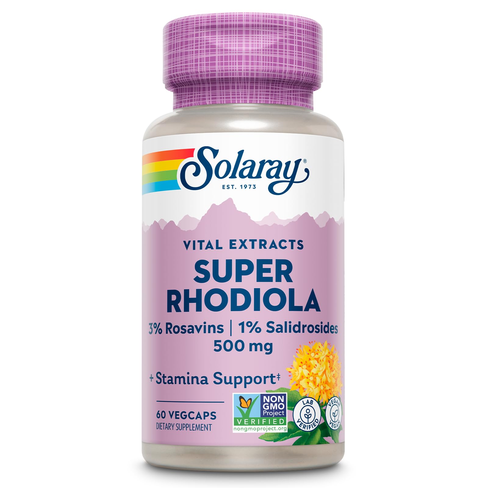 Flacon Solaray Rhodiola Rosea: soutien potentiel de la concentration lors d'une journée chargée.