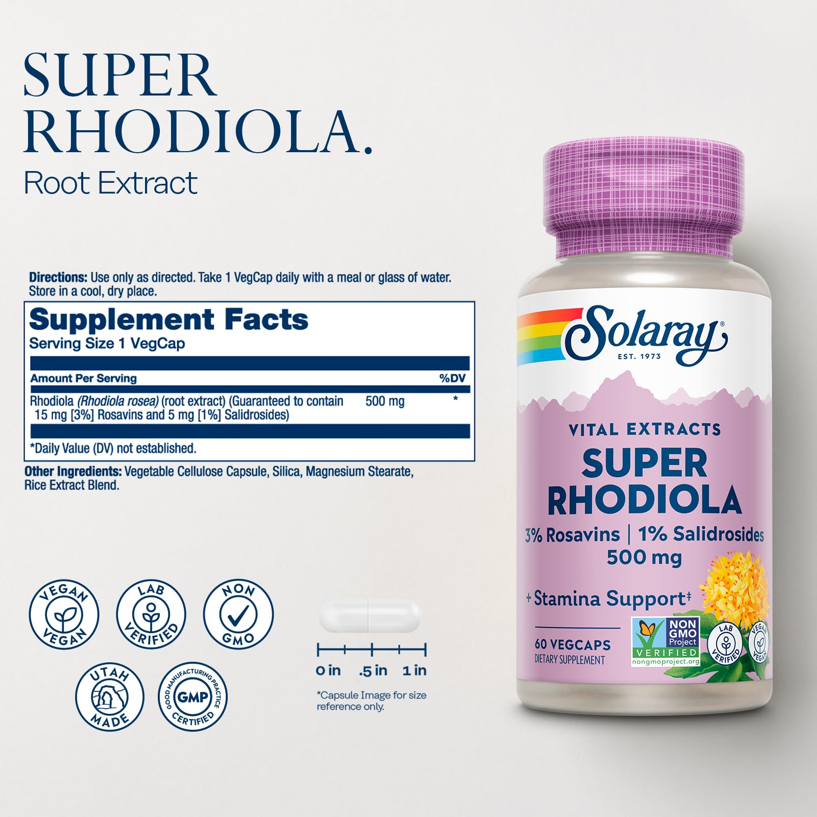 Gélules véganes Solaray Rhodiola Rosea: énergie naturelle et praticité quotidienne.