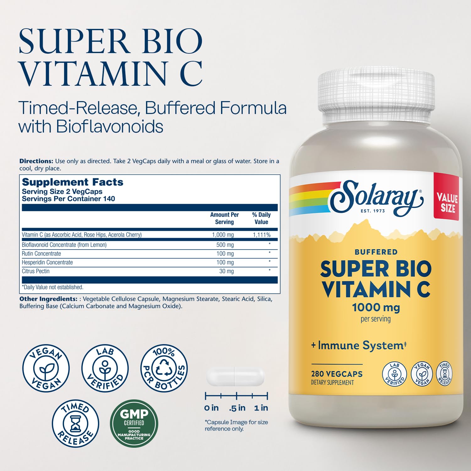 Comprimés Solaray vitamine C avec bioflavonoïdes, soutien potentiel.