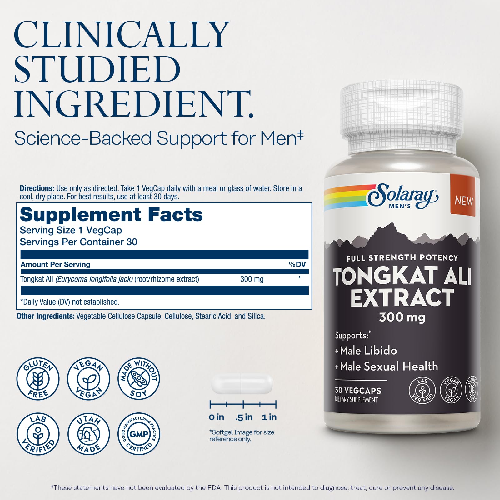 SOLARAY Tongkat Ali Extrait capsules végétales, forme pratique et sans allergènes.