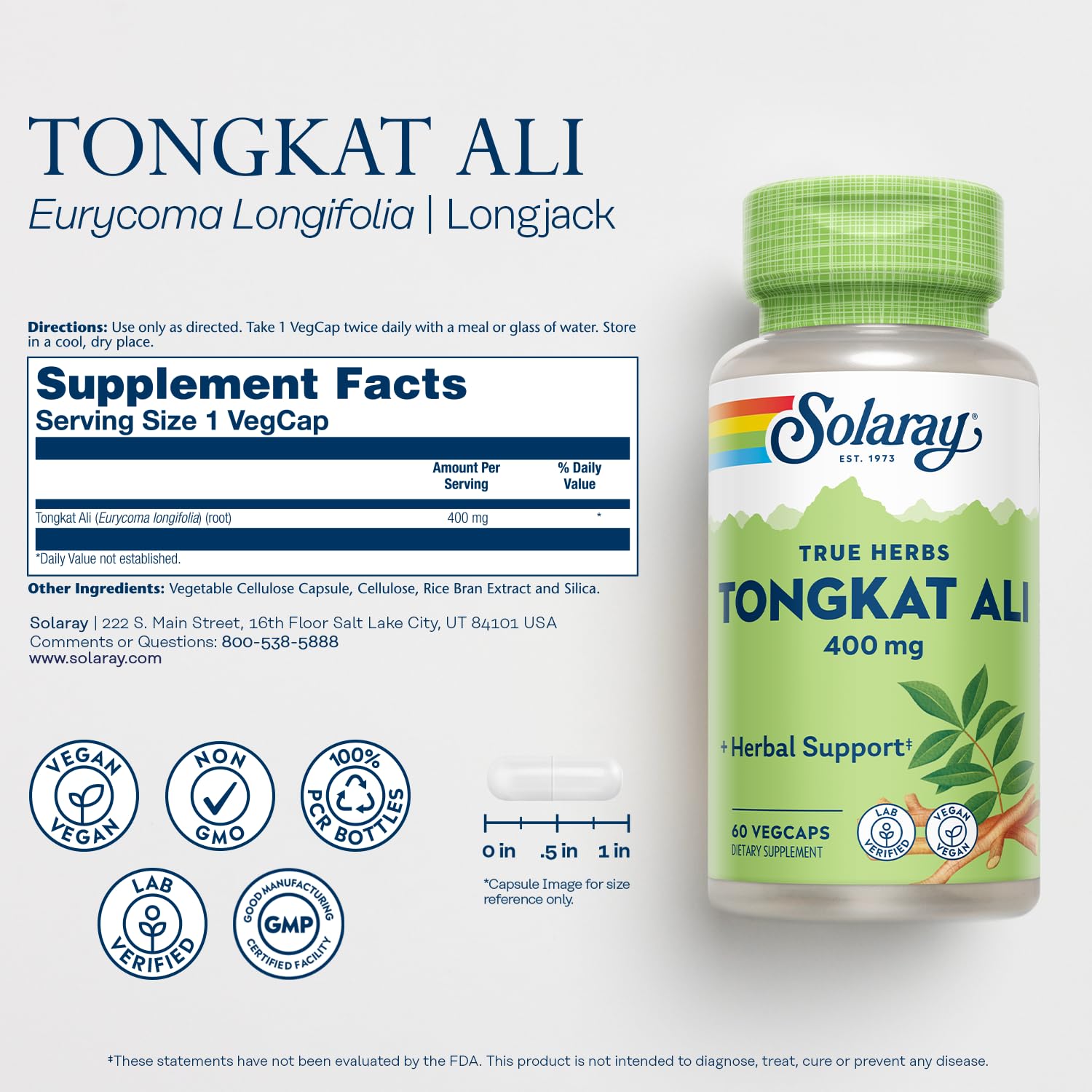 SOLARAY Tongkat Ali gélules: capsules végétales faciles à prendre pour le bien-être.