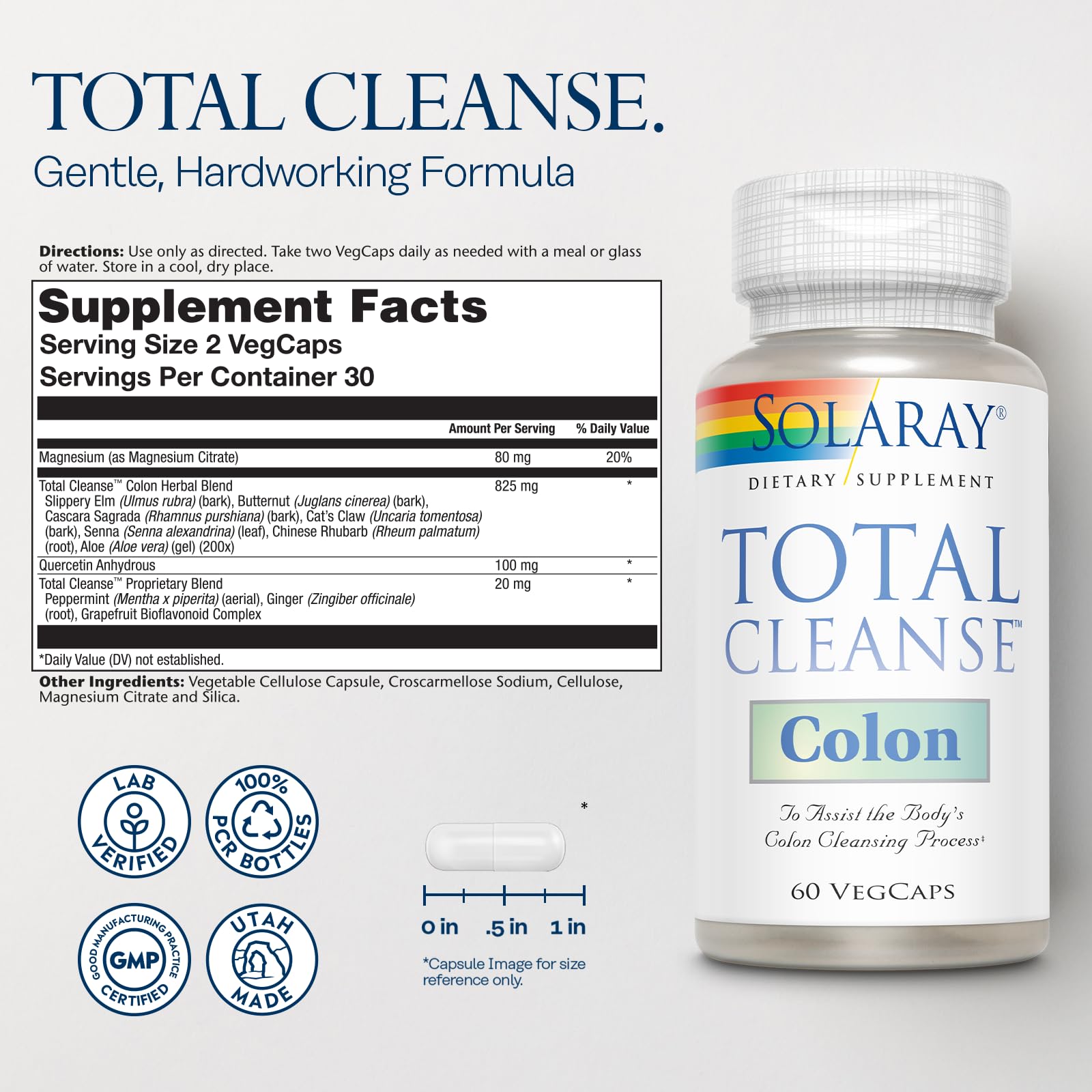 SOLARAY Total Cleanse Colon – capsules visibles indiquant une action équilibrante en douceur.