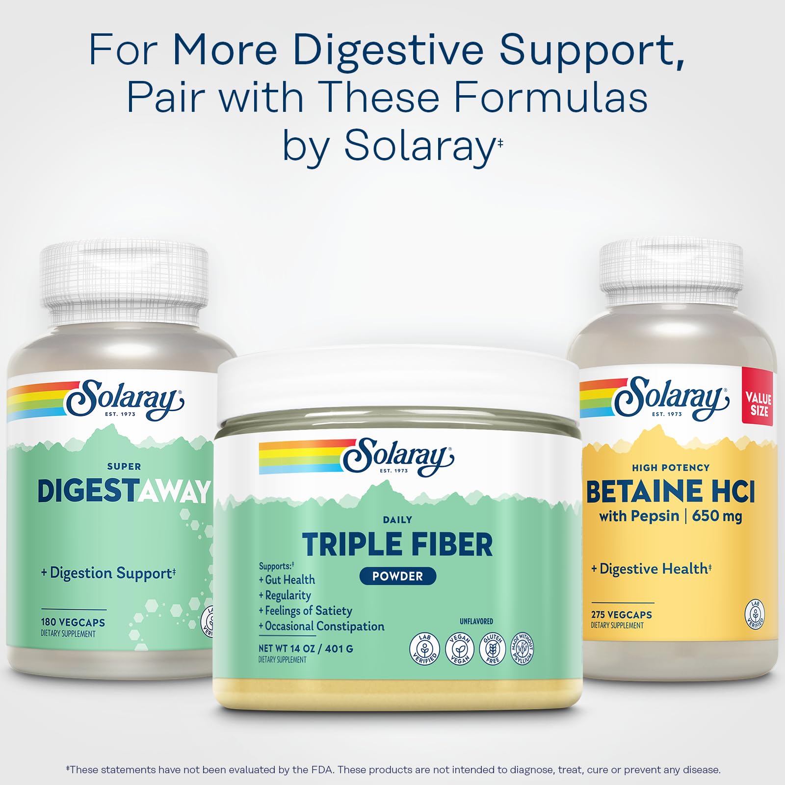 SOLARAY Triple Fibre poudre sans psyllium, texture neutre et facile à utiliser.