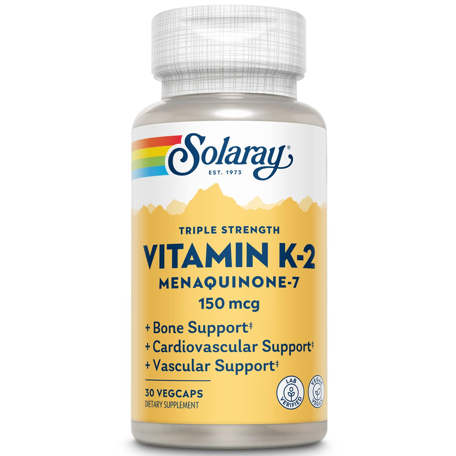 Solaray bouteille vitamine K2 MK7 150 mcg, étiquette claire et lisible pour le soutien éventuel des os