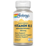 Solaray bouteille vitamine K2 MK7 150 mcg, étiquette claire et lisible pour le soutien éventuel des os