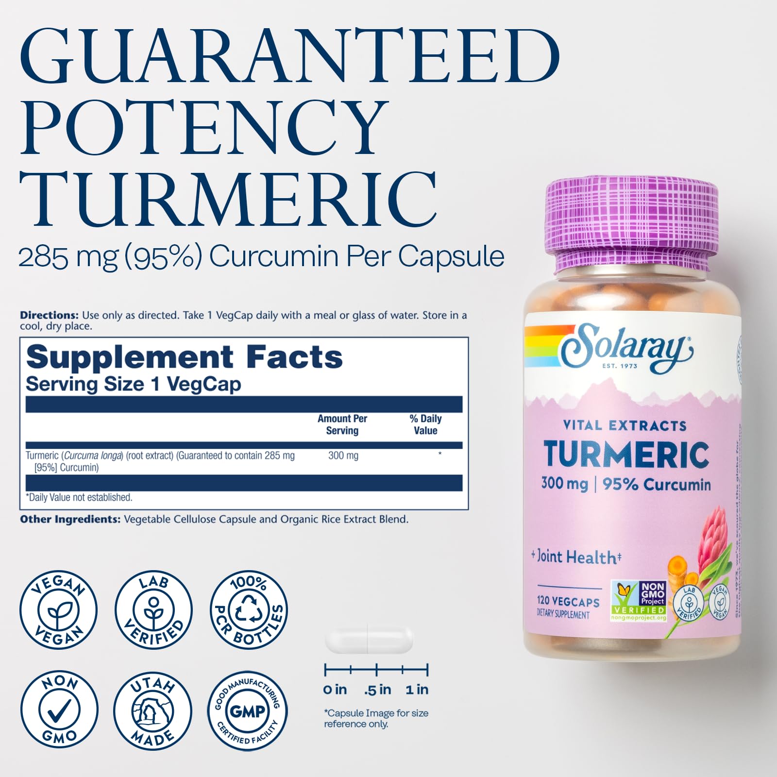 SOLARAY Turmeric – Étiquette lisible sur l’emballage végan et sans gluten.