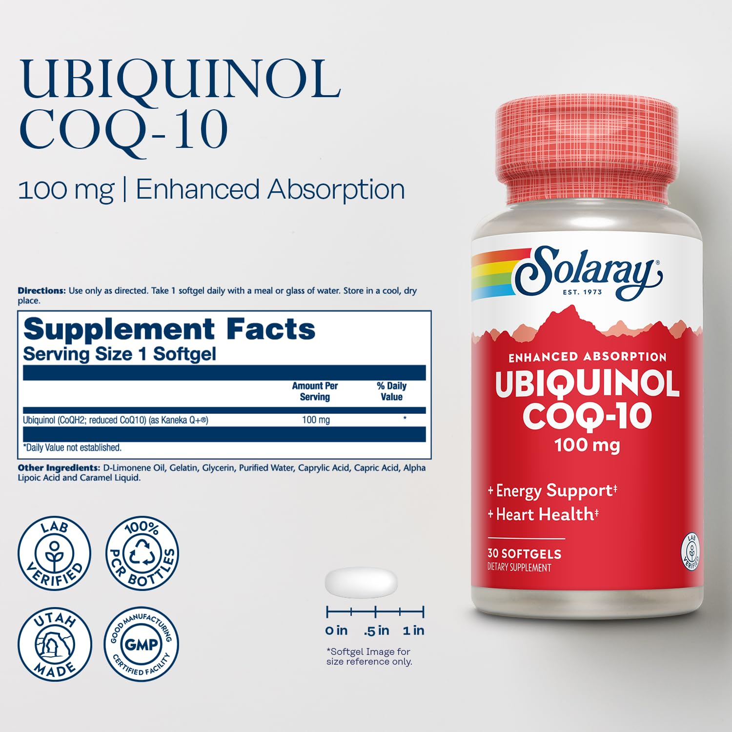 SOLARAY Ubiquinol CoQ-10: emballage PCR et absorption potentielle améliorée.