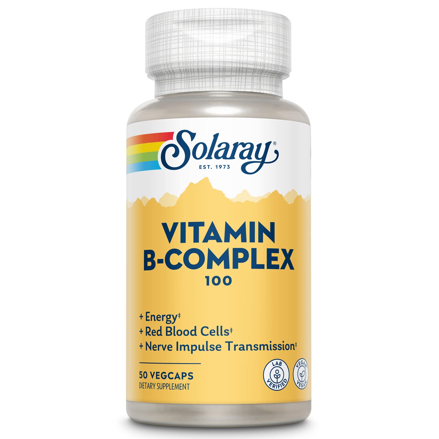 Solaray Vitamine B Complex 100 mg – flacon végan pour énergie quotidienne potentielle.