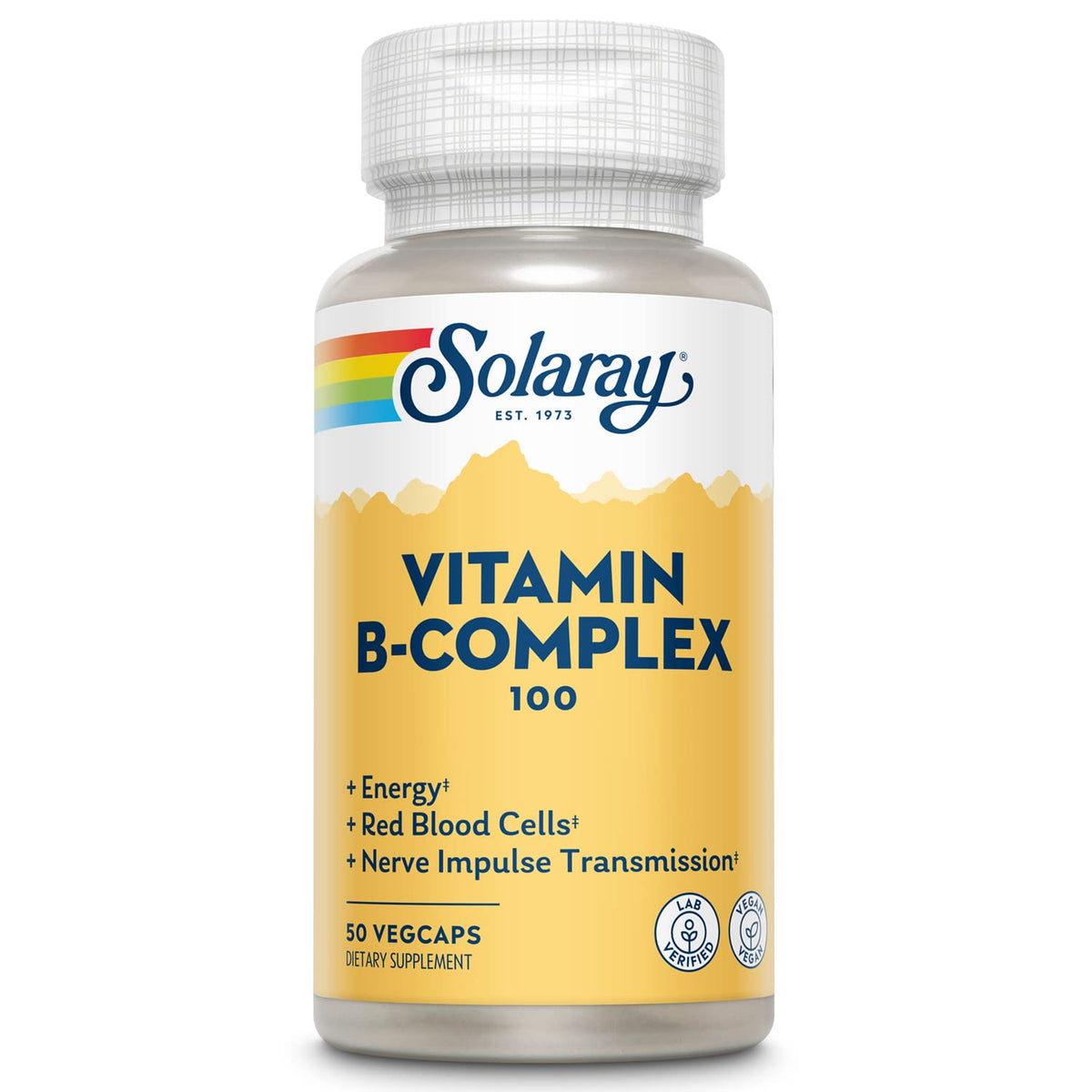 Solaray Vitamine B Complex 100 mg – flacon végan pour énergie quotidienne potentielle.