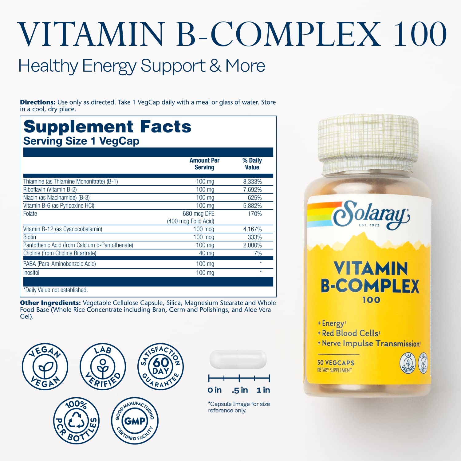 Solaray Vitamine B Complex 100 mg – gélules véganes soutenant vitalité et bien-être.