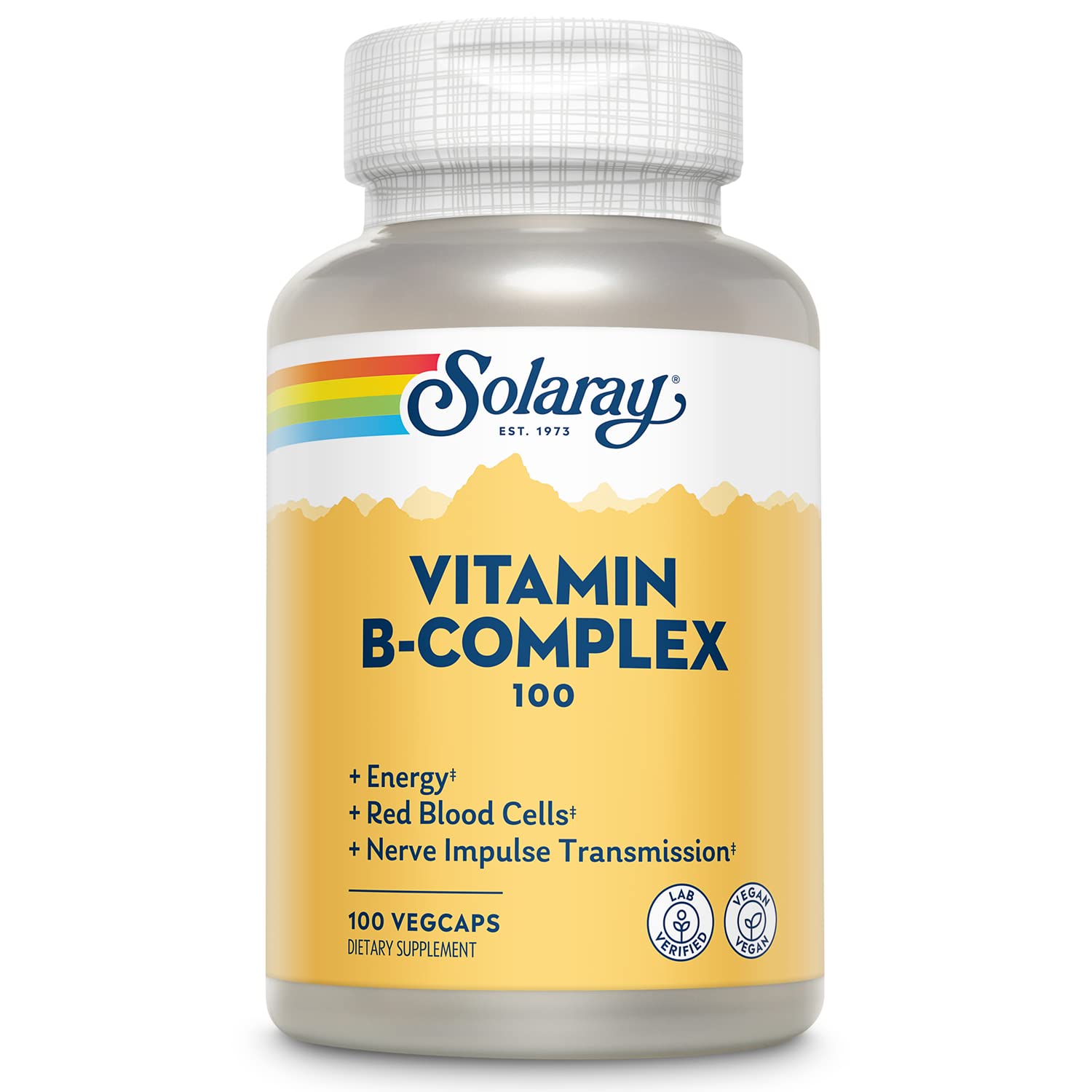 SOLARAY Vitamine B Complexe dans une bouteille ouverte, énergie potentielle pour la journée