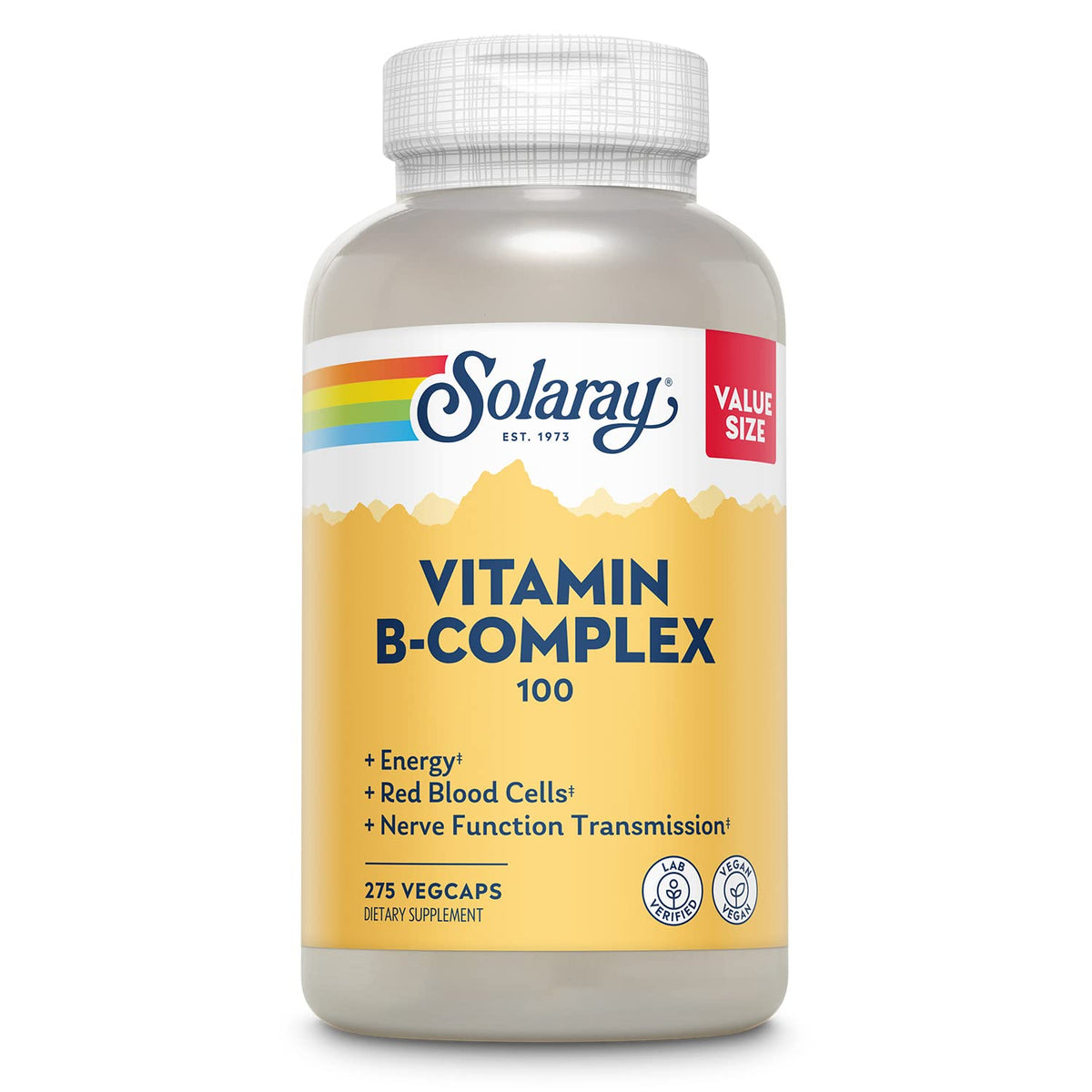 SOLARAY Vitamine B Complexe 100 mg – bouteille et gélules véganes pour énergie durable.