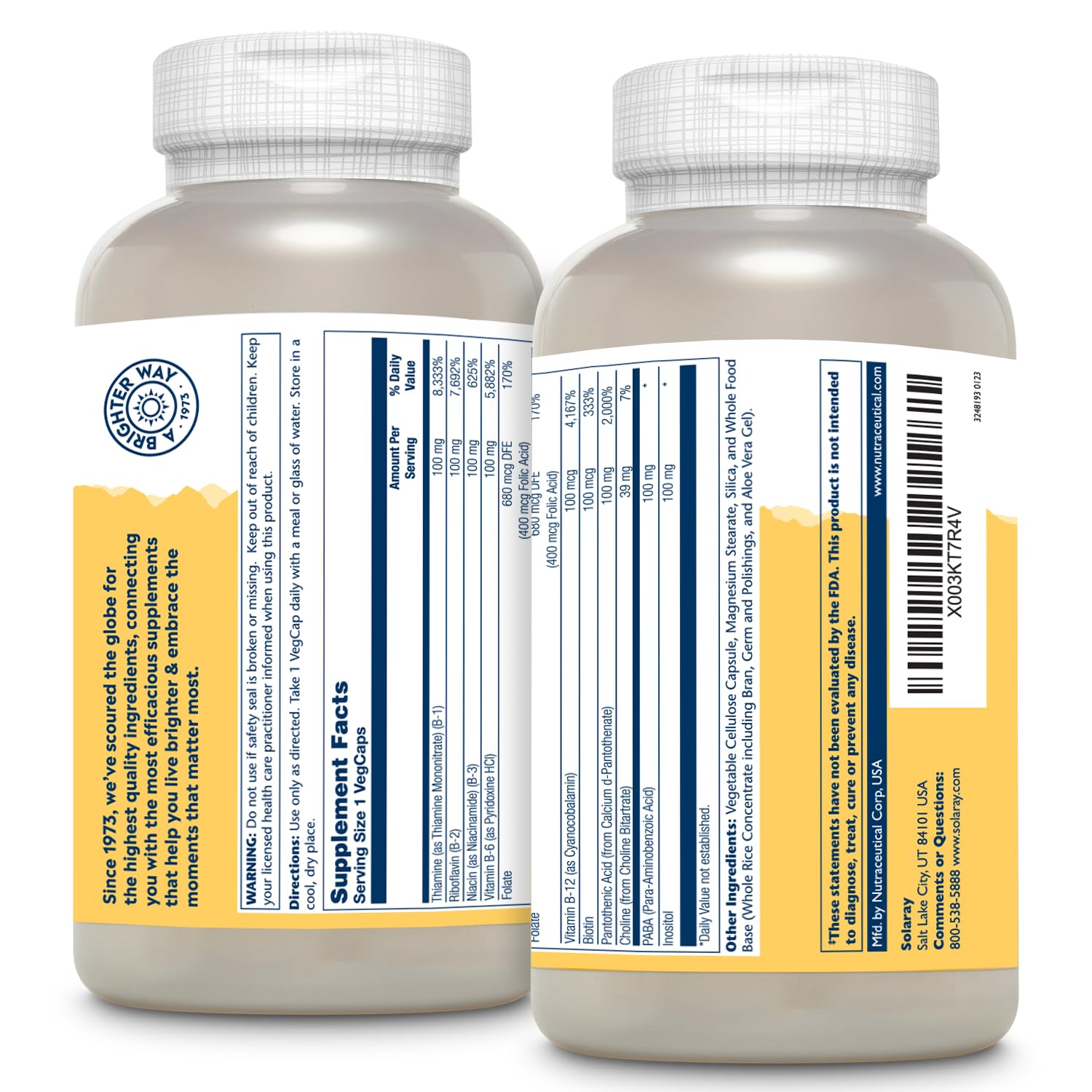 Étiquette claire de SOLARAY Vitamine B Complexe 100 mg pour référence rapide.
