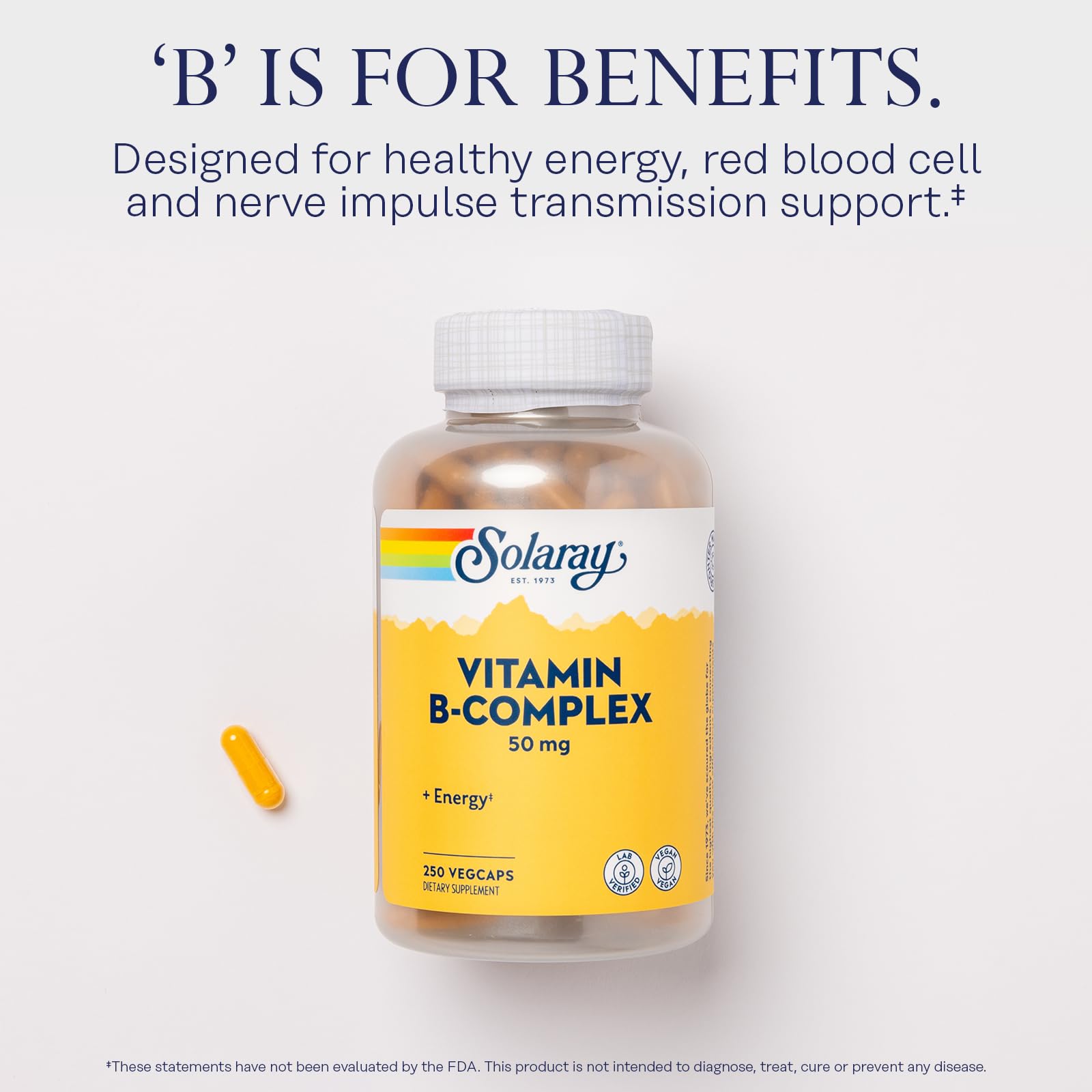 SOLARAY Vitamine B Complexe 50 mg – Emballage recyclé soutenant une consommation responsable.