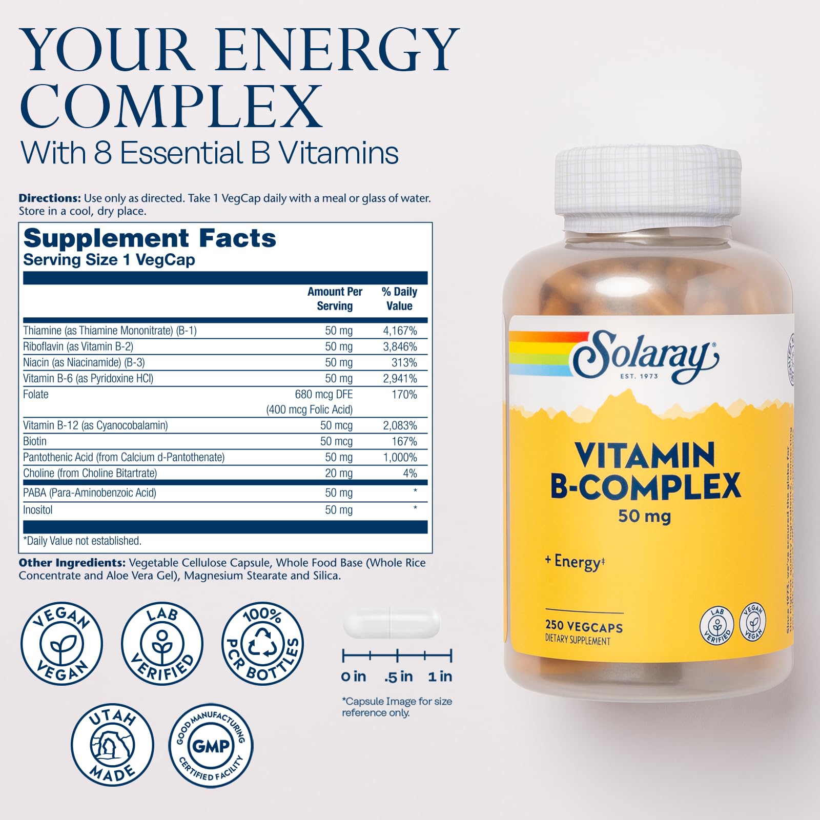 SOLARAY Vitamine B Complexe 50 mg – Gros plan sur les ingrédients essentiels.