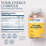 SOLARAY Vitamine B Complexe 50 mg – Gros plan sur les ingrédients essentiels.