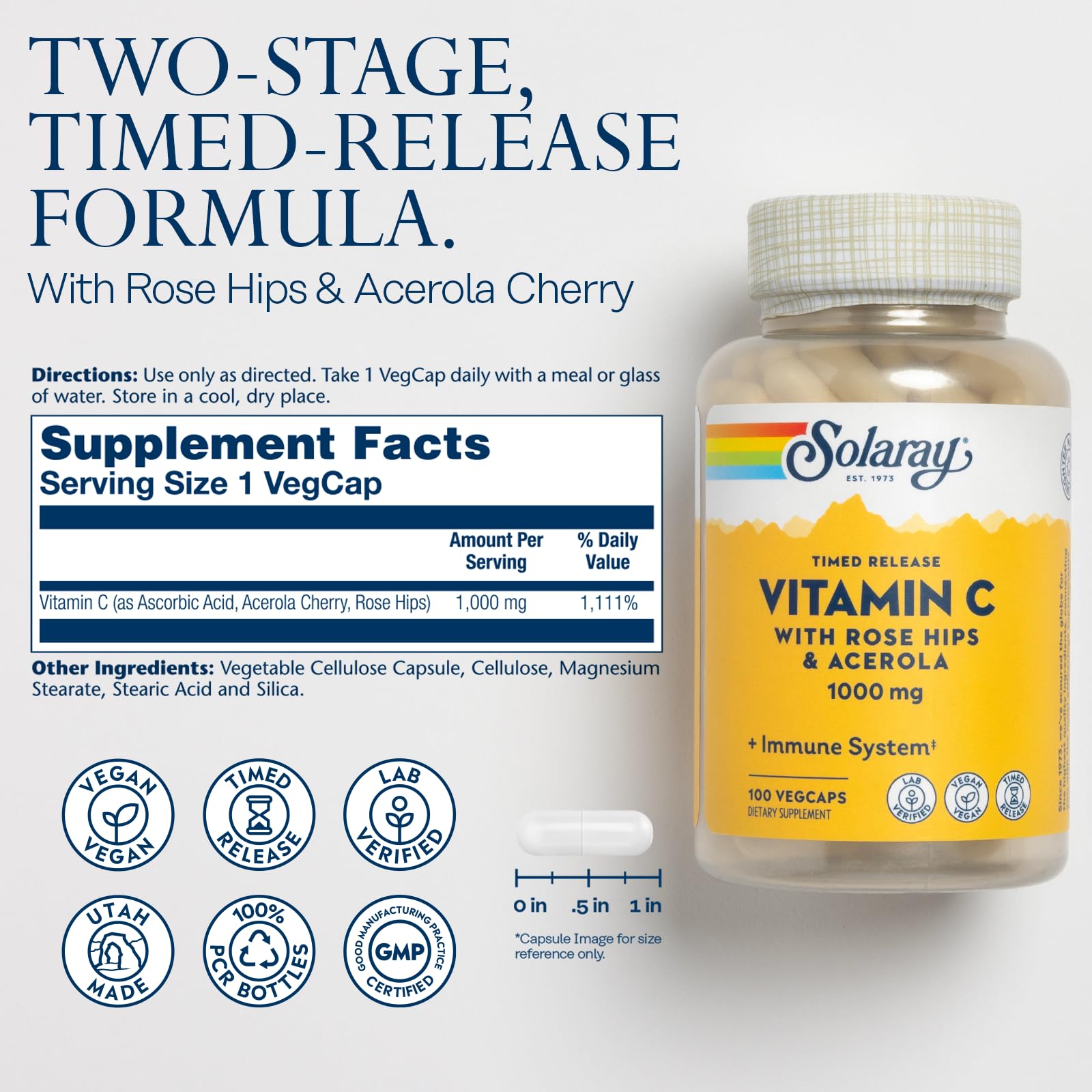 Bouteille SOLARAY vitamine C 1000 mg avec emballage écoresponsable.