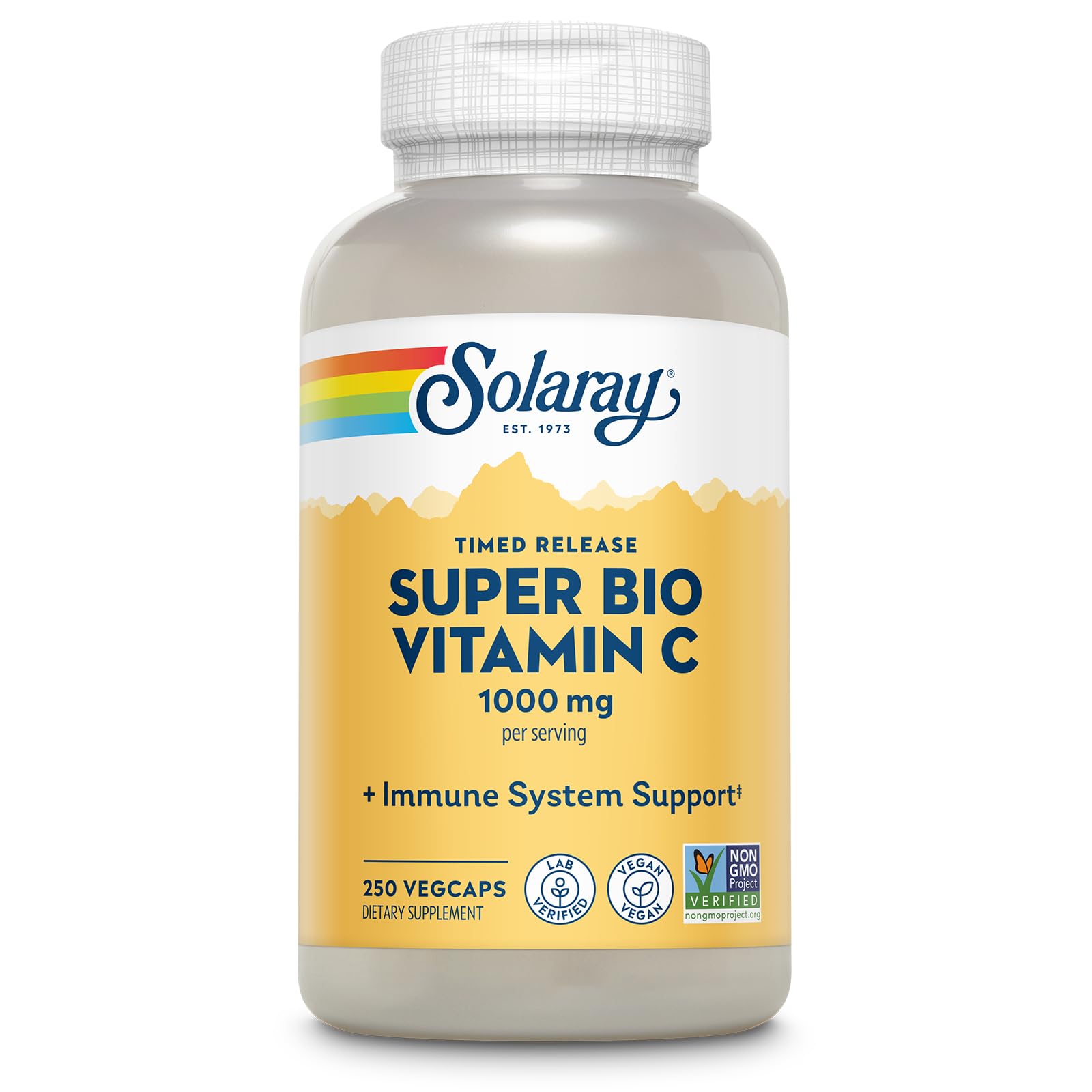 SOLARAY Vitamine C 1000 mg, flacon visible, soutien immunitaire potentiel.