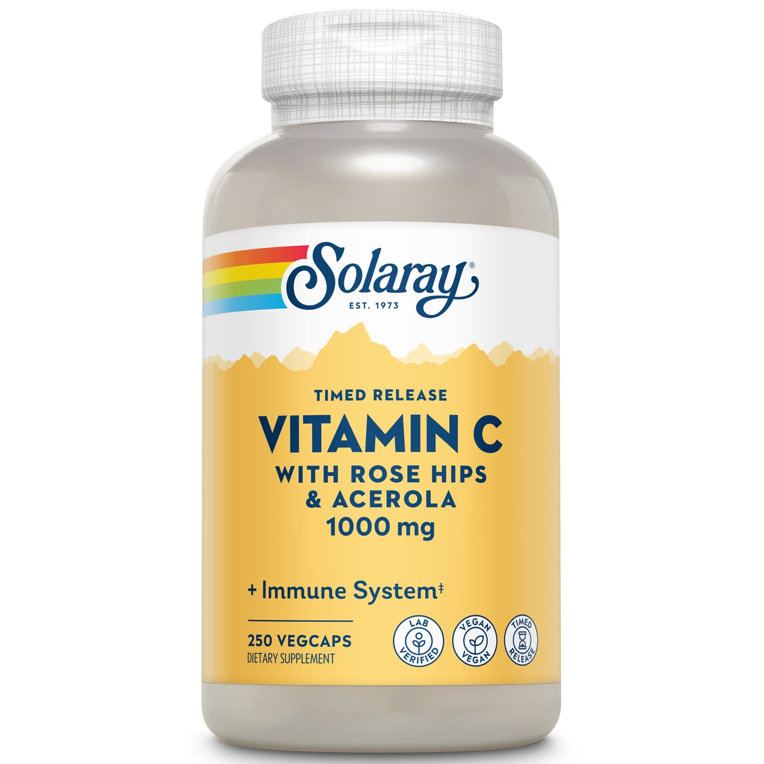Bouteille Solaray Vitamin C 1000mg pour un soutien immunitaire quotidien.