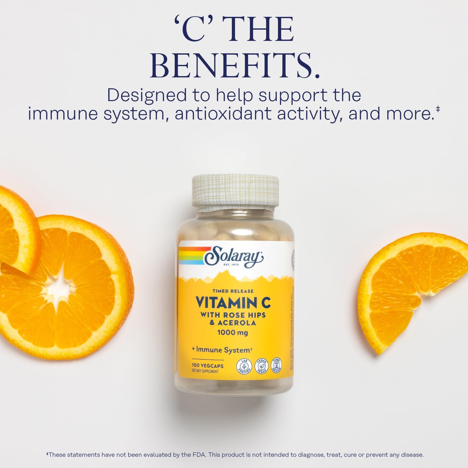 Étiquette SOLARAY vitamine C 1000 mg démontrant GMP et pureté.