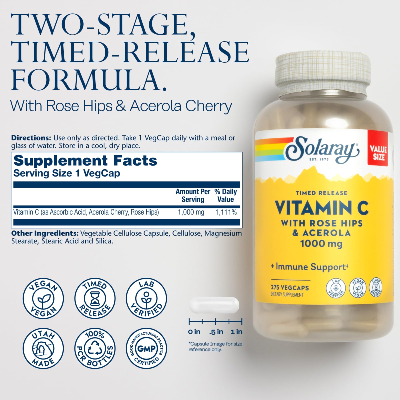 SOLARAY Vitamine C 1000mg, prise quotidienne facile avec VegCaps végétales.
