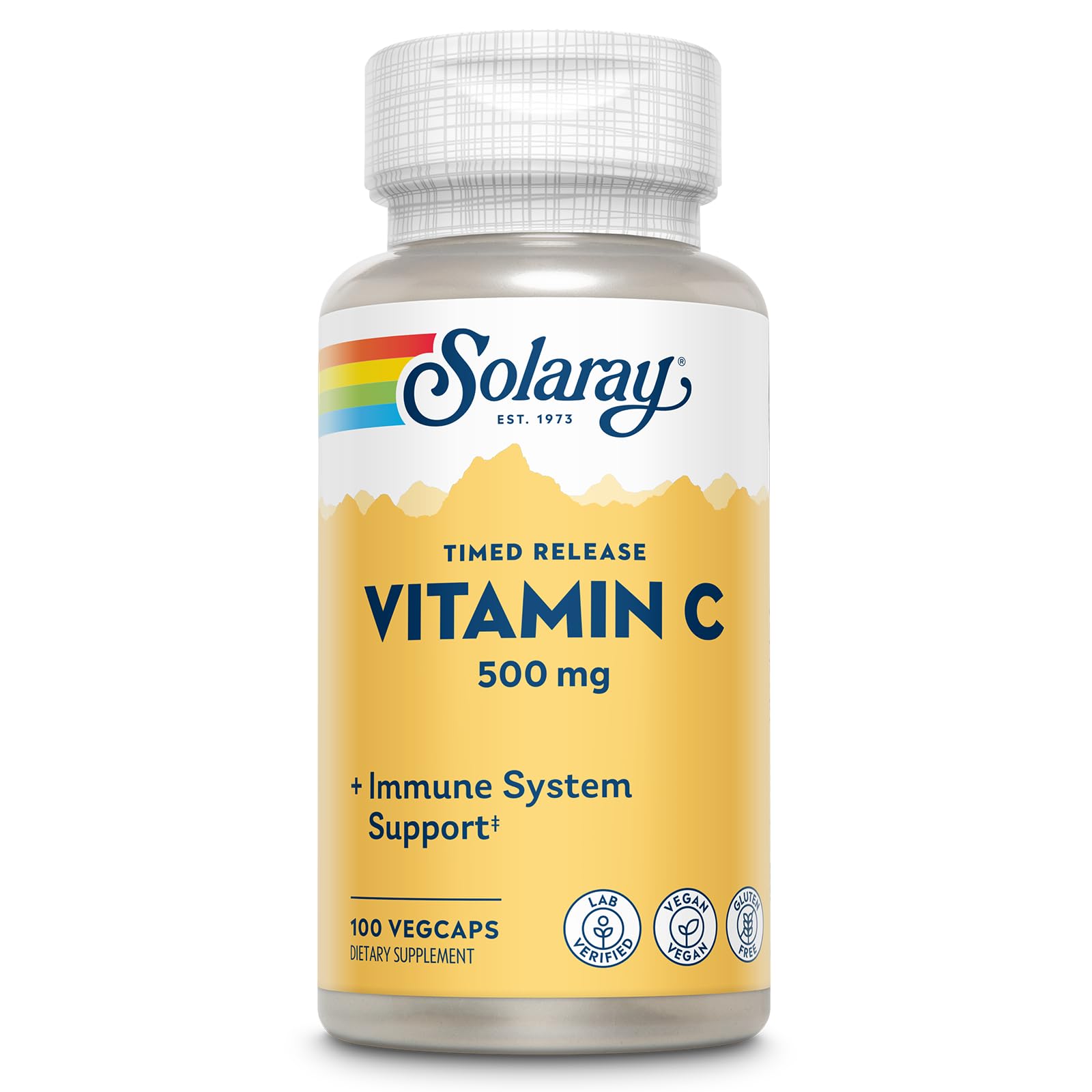 SOLARAY Vitamine C 500 mg, bouteille recyclable, soutien quotidien du système immunitaire et de l’énergie.