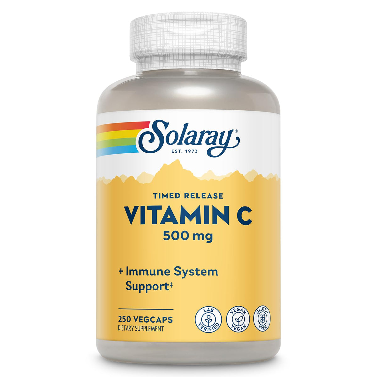 SOLARAY vitamine C 500 mg: bouteille prête pour le soutien immunitaire quotidien.