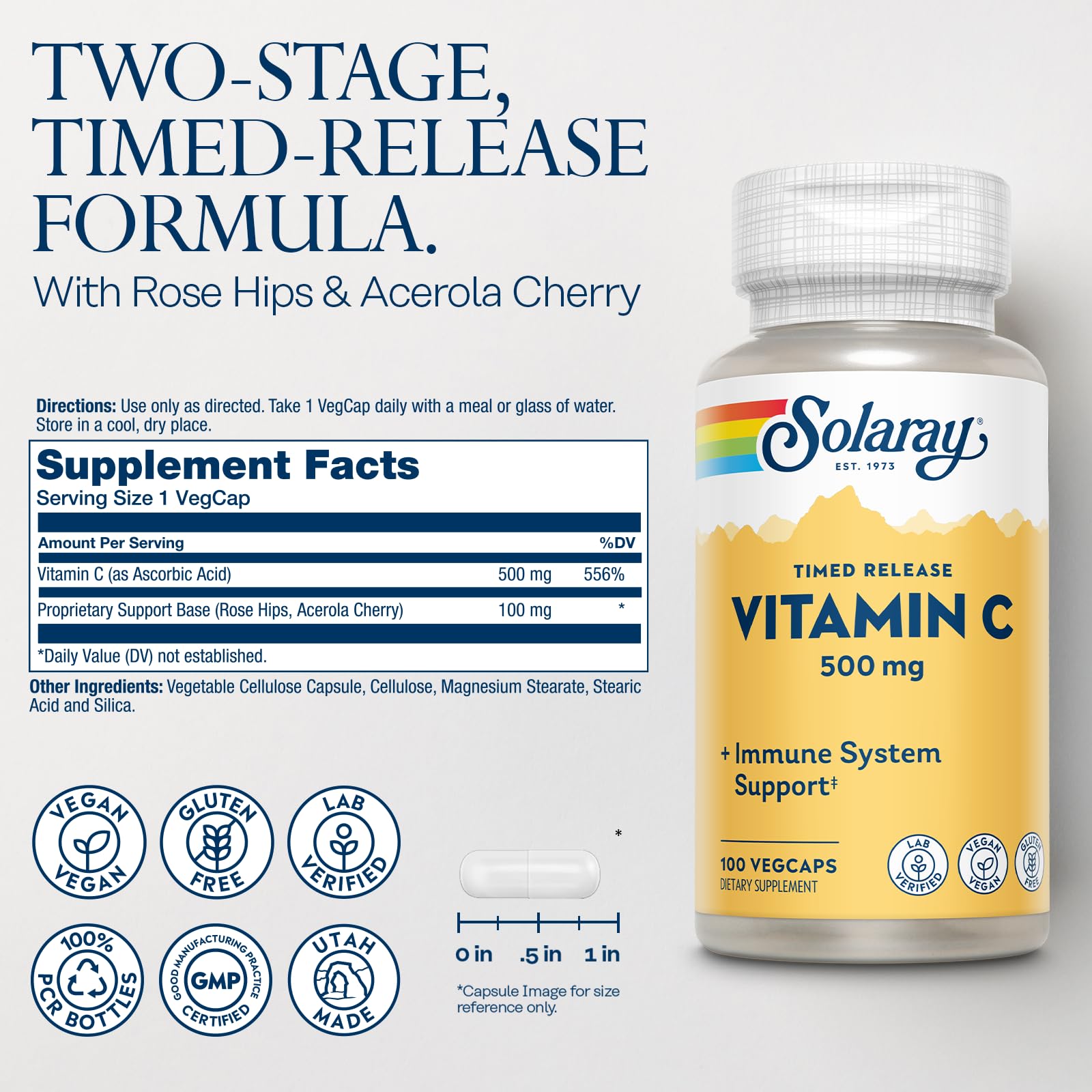 SOLARAY Vitamine C gélules végétales visibles, soutien immunitaire et absorption progressive.