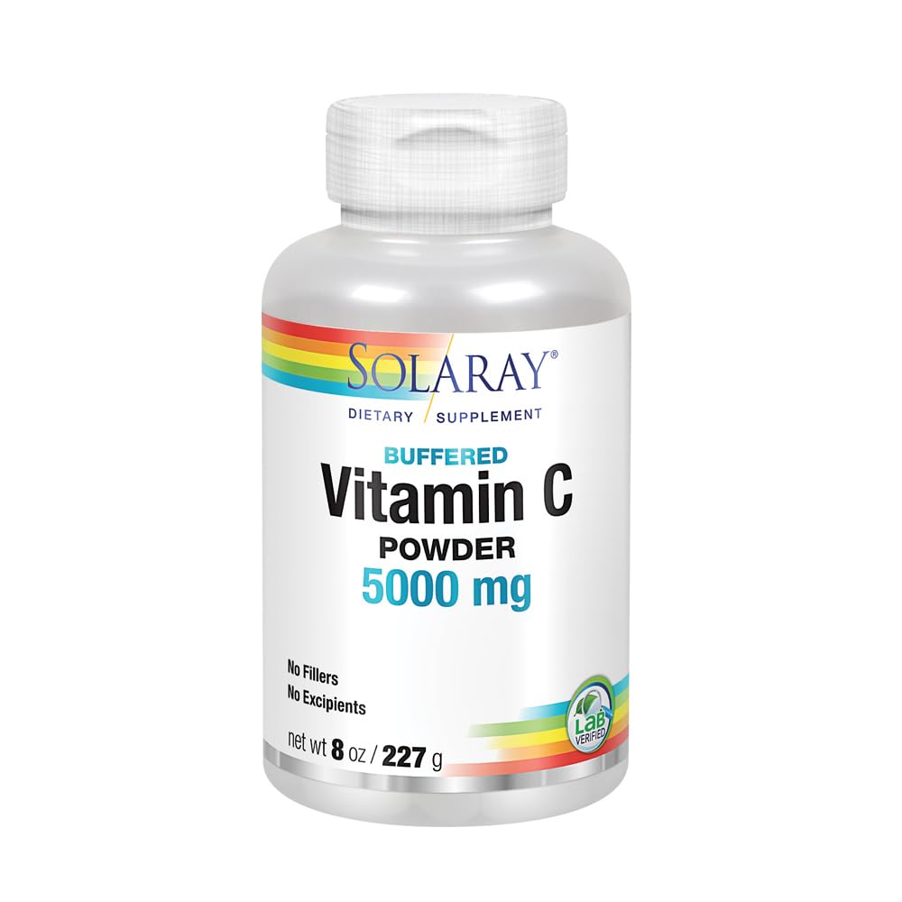 SOLARAY Vitamine C Cristalline 5000 mg — bouteille pour soutien immunitaire quotidien potentiel.
